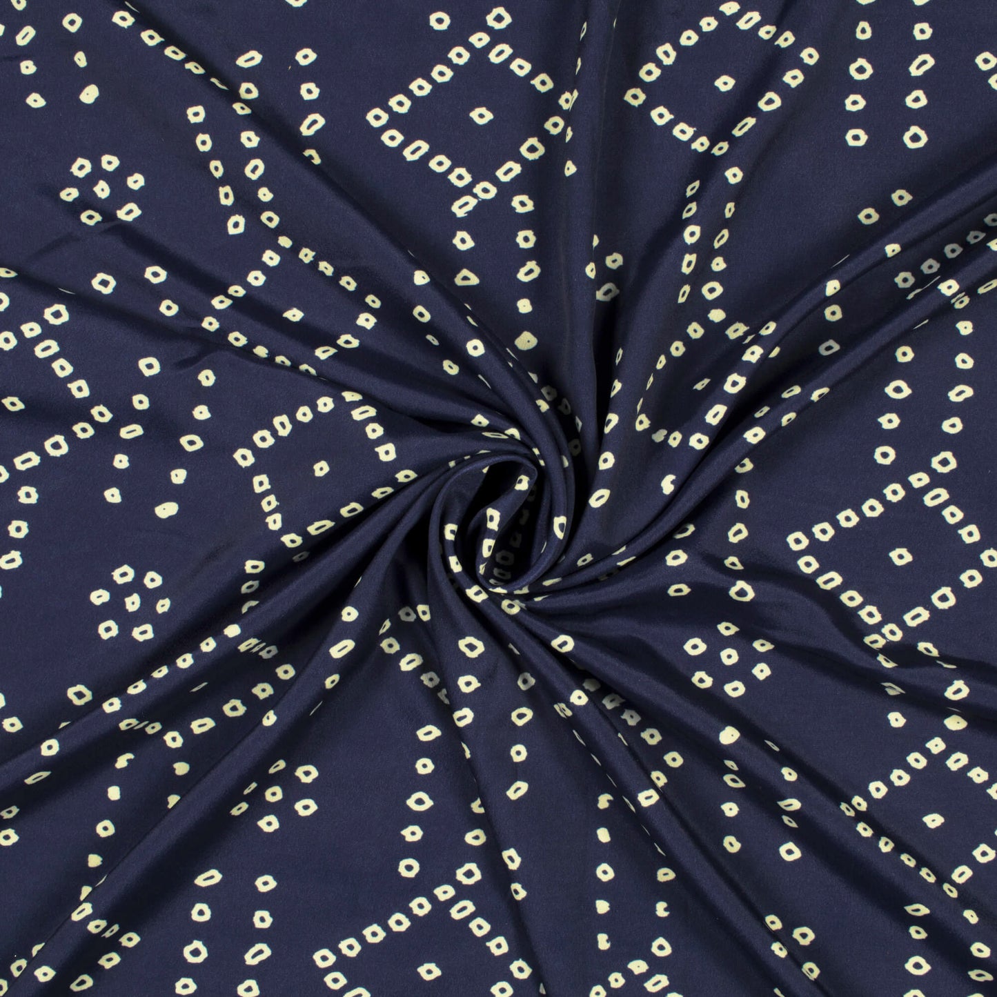 Navy Blue And Cream Bandhani Pattern Digital Print Crepe Satin Fabric