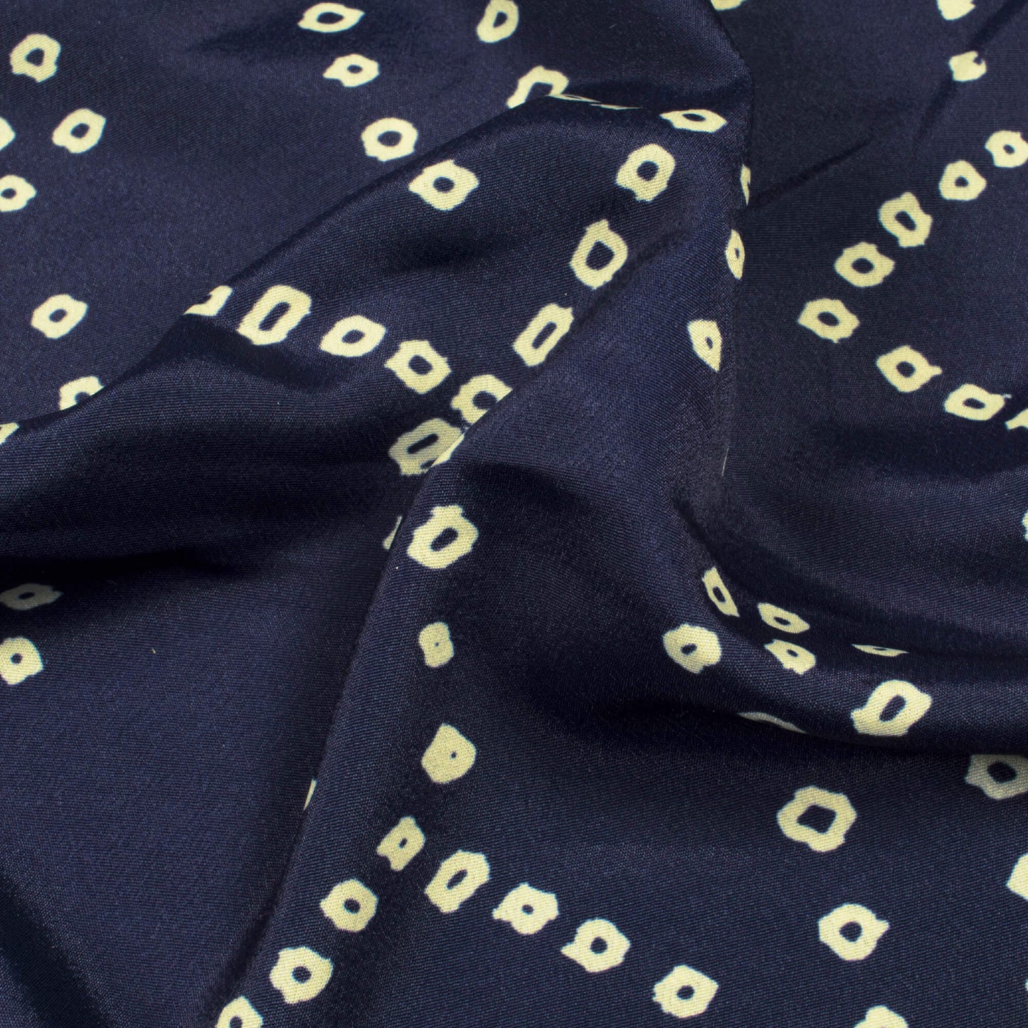 Navy Blue And Cream Bandhani Pattern Digital Print Crepe Satin Fabric