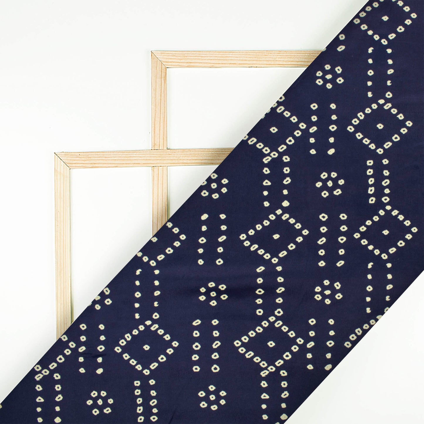 Navy Blue And Cream Bandhani Pattern Digital Print Crepe Satin Fabric