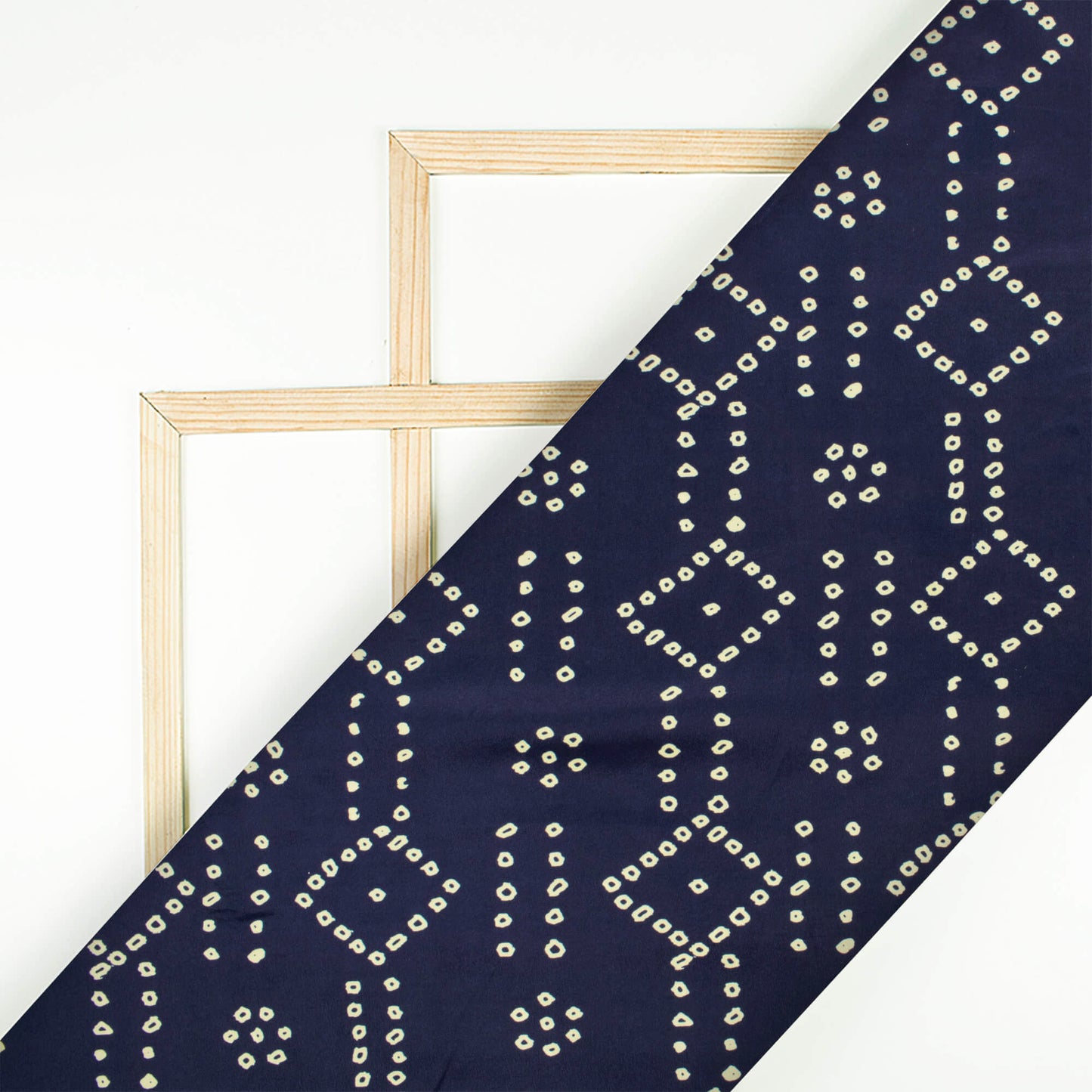 Navy Blue And Cream Bandhanii Pattern Digital Print Crepe Satin Fabric