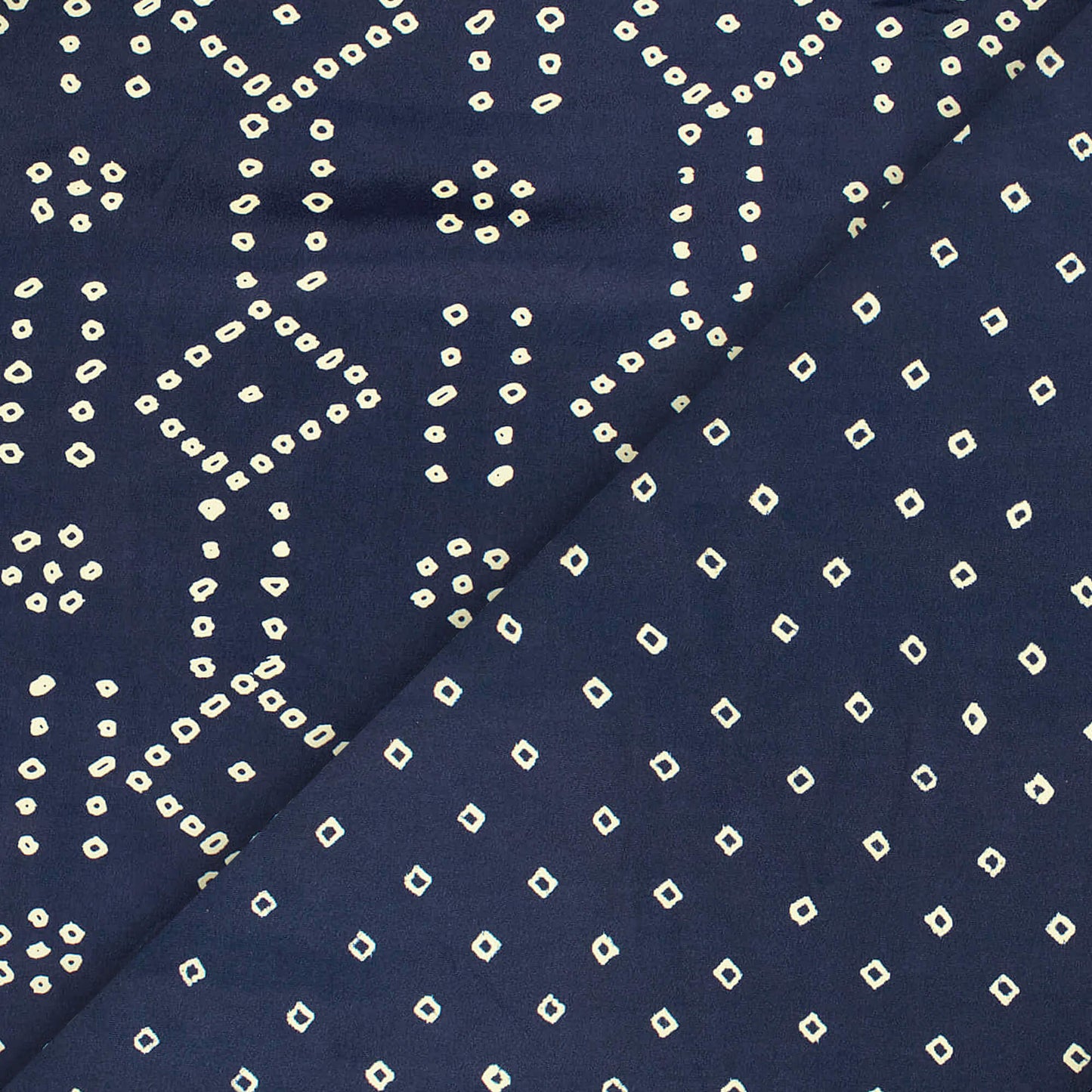 Navy Blue And Cream Bandhani Pattern Digital Print French Crepe Fabric - Fabcurate