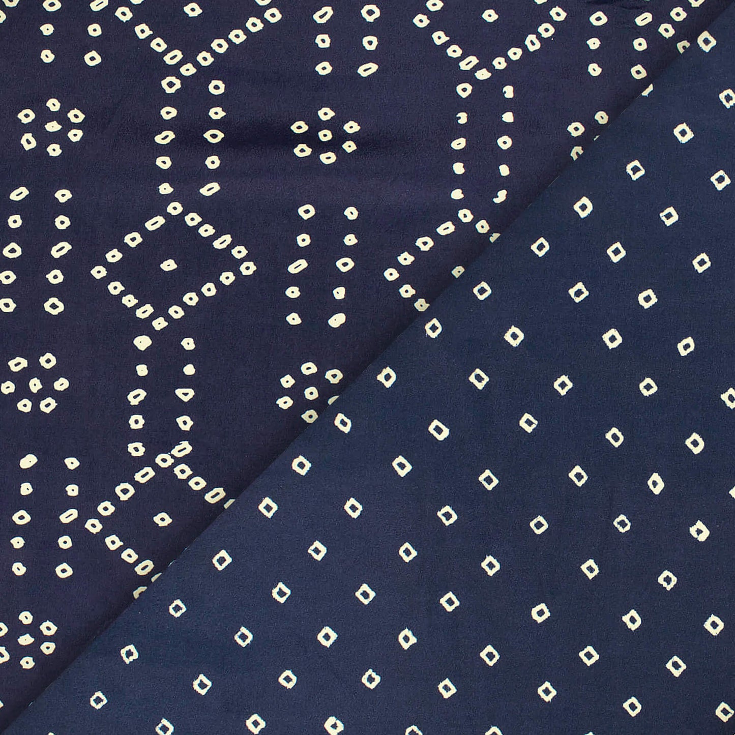 Navy Blue And Cream Bandhanii Pattern Digital Print Crepe Satin Fabric