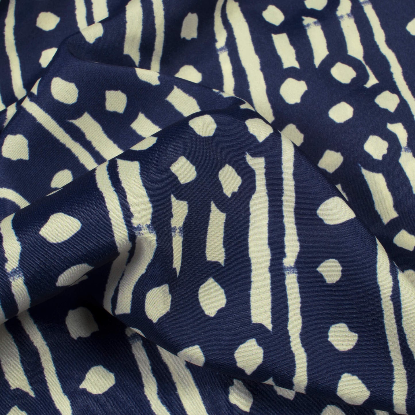 Navy Blue And Cream Stripes Pattern Digital Print French Crepe Fabric - Fabcurate