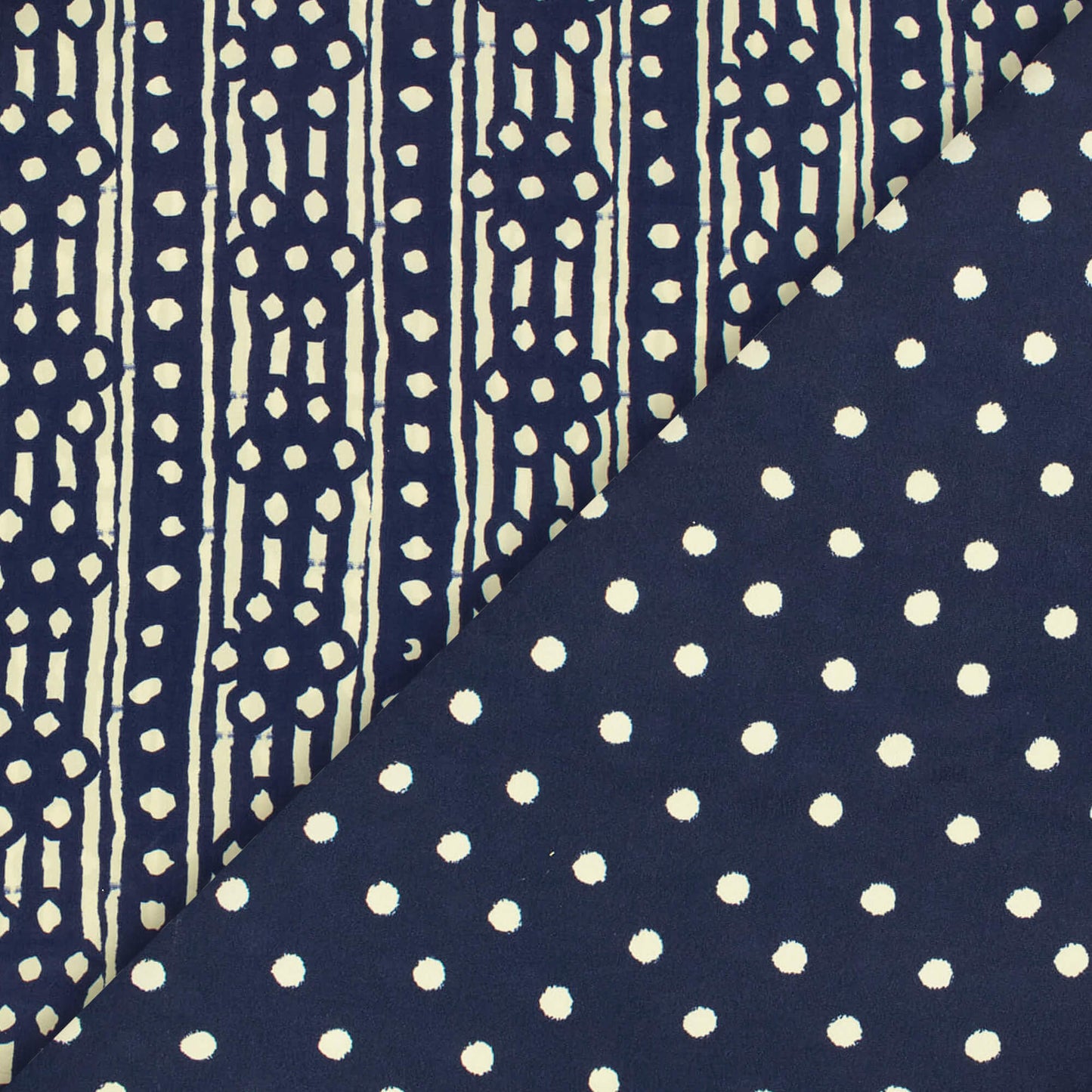 Navy Blue And Cream Bandhani Pattern Digital Print French Crepe Fabric - Fabcurate