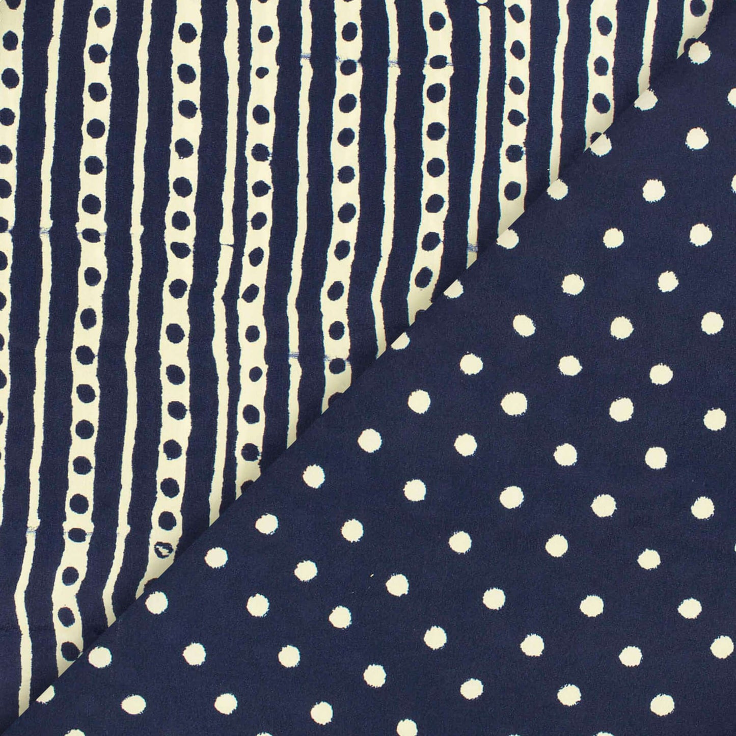 Navy Blue And Cream Polka Dots Pattern Digital Print French Crepe Fabric - Fabcurate