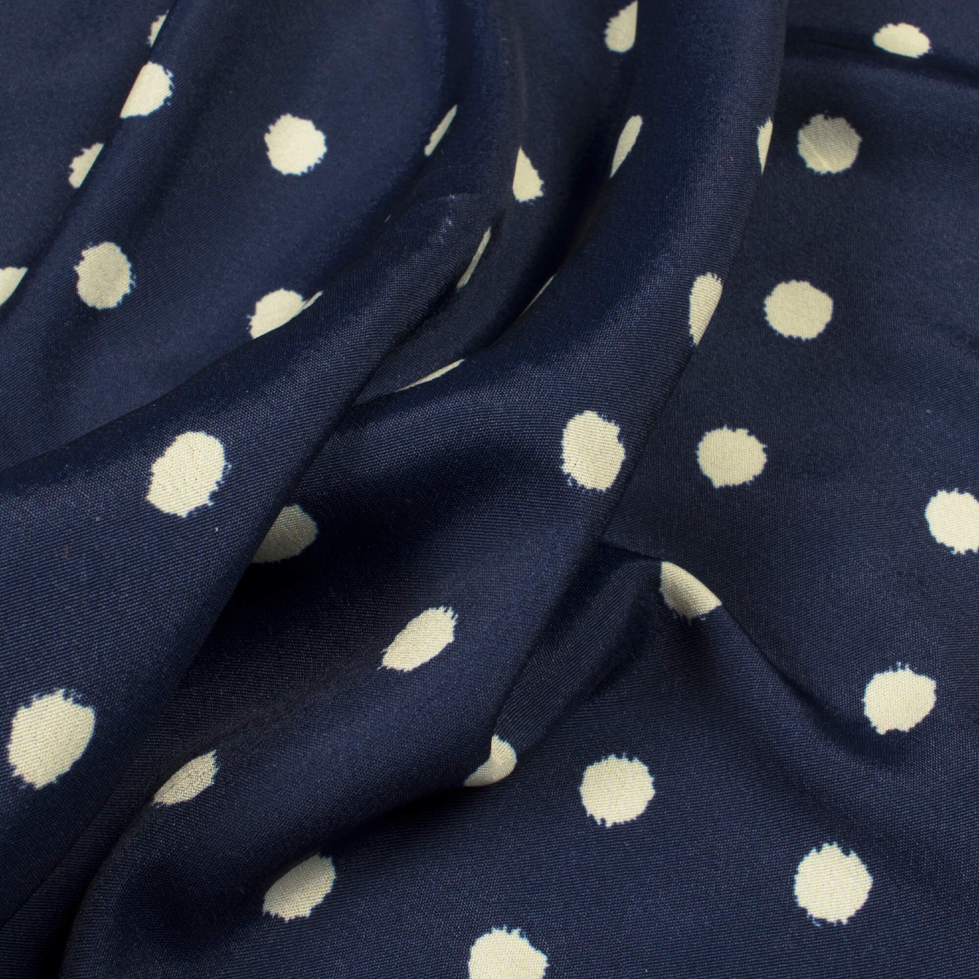 Navy Blue And Cream Polka Dots Pattern Digital Print French Crepe Fabric - Fabcurate