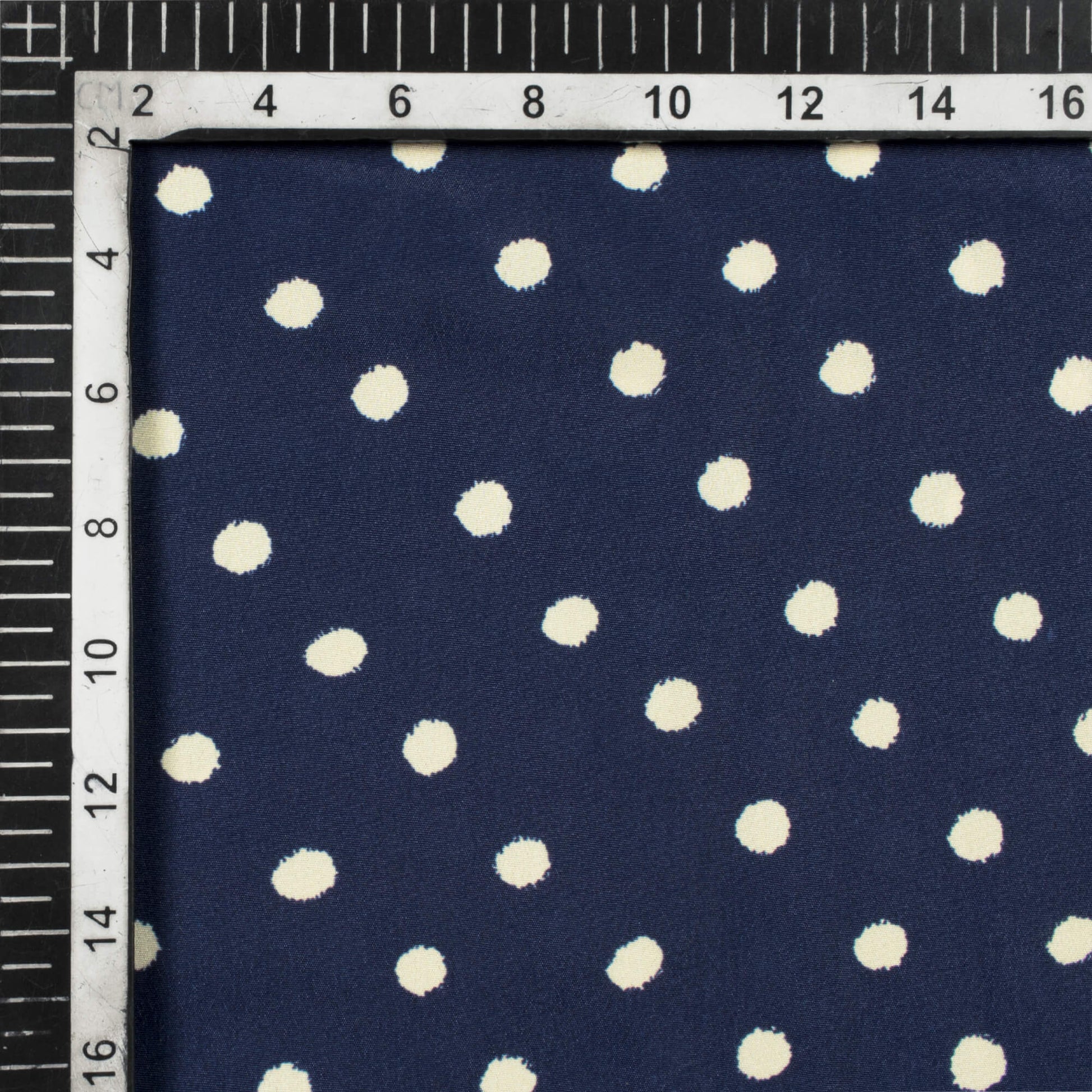 Navy Blue And Cream Polka Dots Pattern Digital Print French Crepe Fabric - Fabcurate