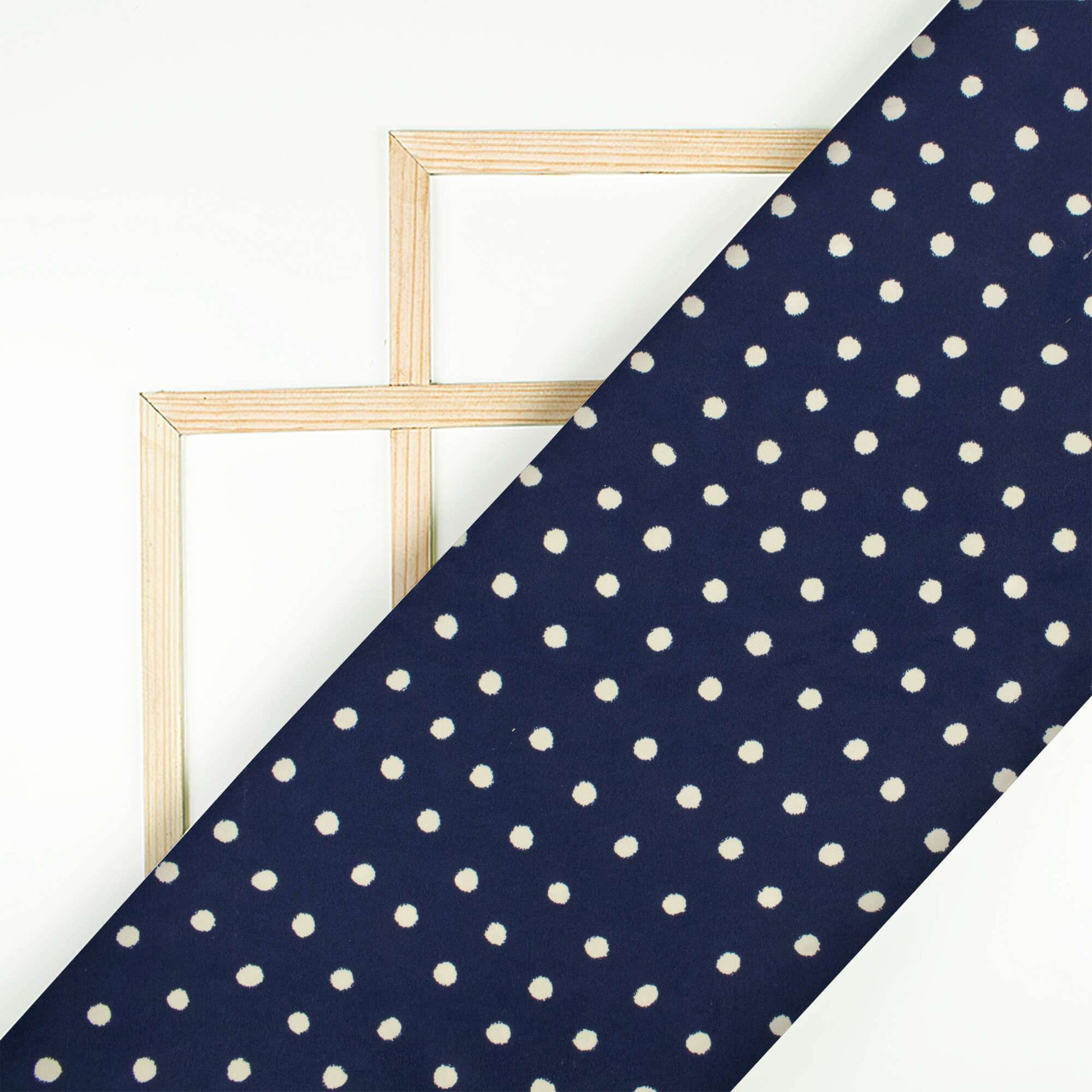 Navy Blue And Cream Polka Dots Pattern Digital Print French Crepe Fabric - Fabcurate