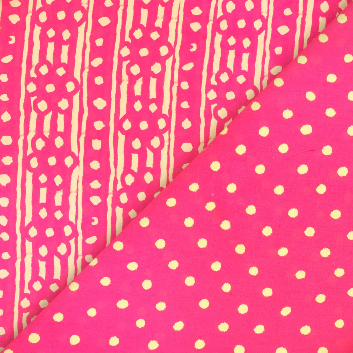 Cerise Pink And Cream Polka Dots Pattern Digital Print French Crepe Fabric - Fabcurate