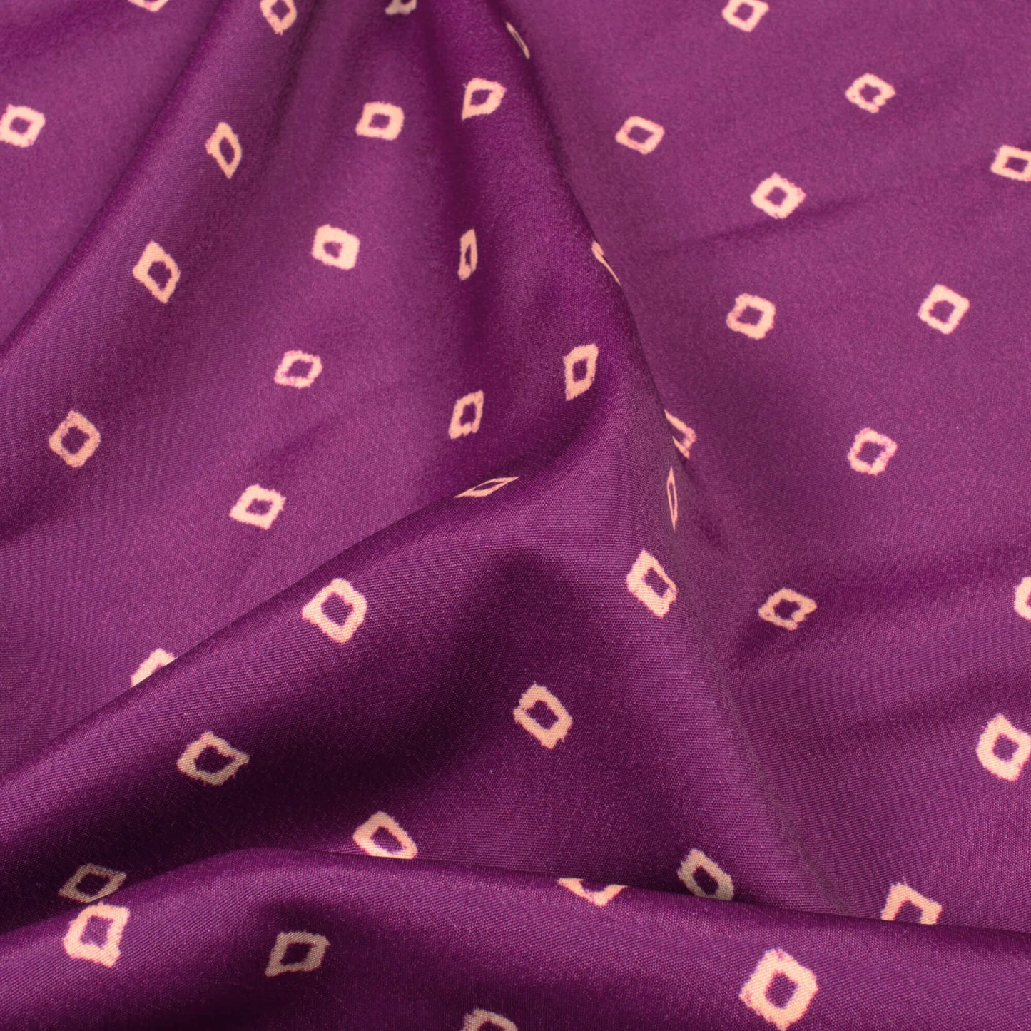 Purple And Cream Bandhanii Pattern Digital Print Crepe Satin Fabric