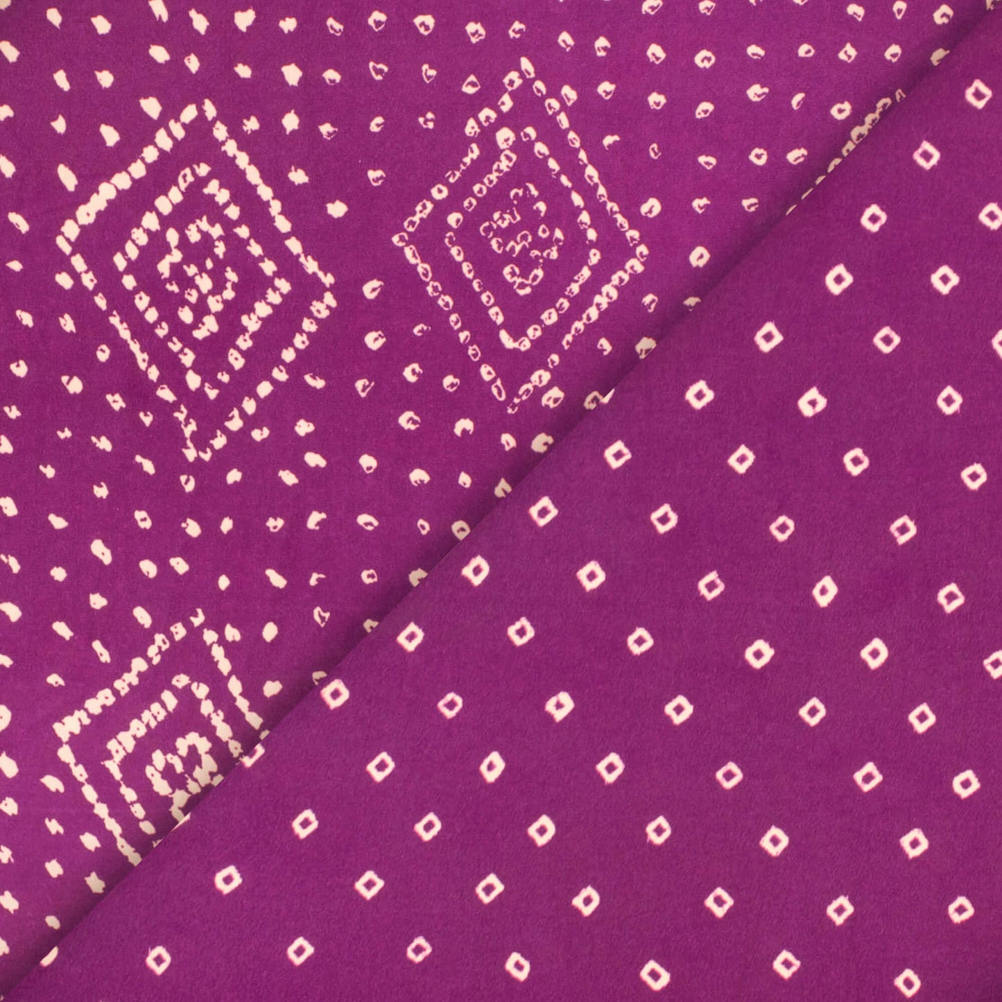 Purple And Cream Bandhani Pattern Digital Print French Crepe Fabric - Fabcurate