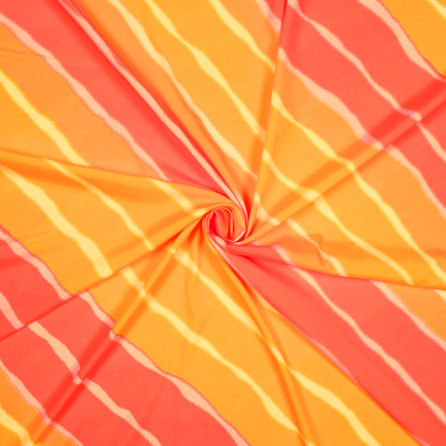 Orange And Honey Yellow Leheriya Pattern Digital Print Crepe Satin Fabric