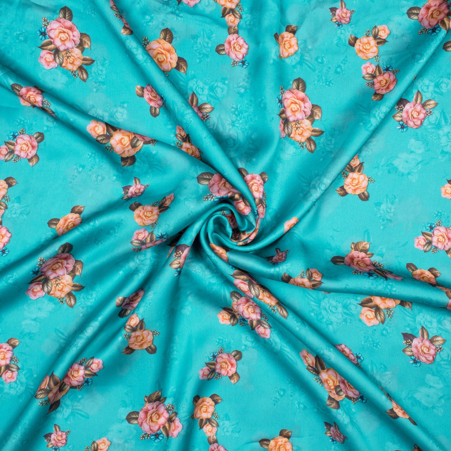 Ocean Blue And Purple Floral Pattern Digital Print Georgette Satin Fabric - Fabcurate