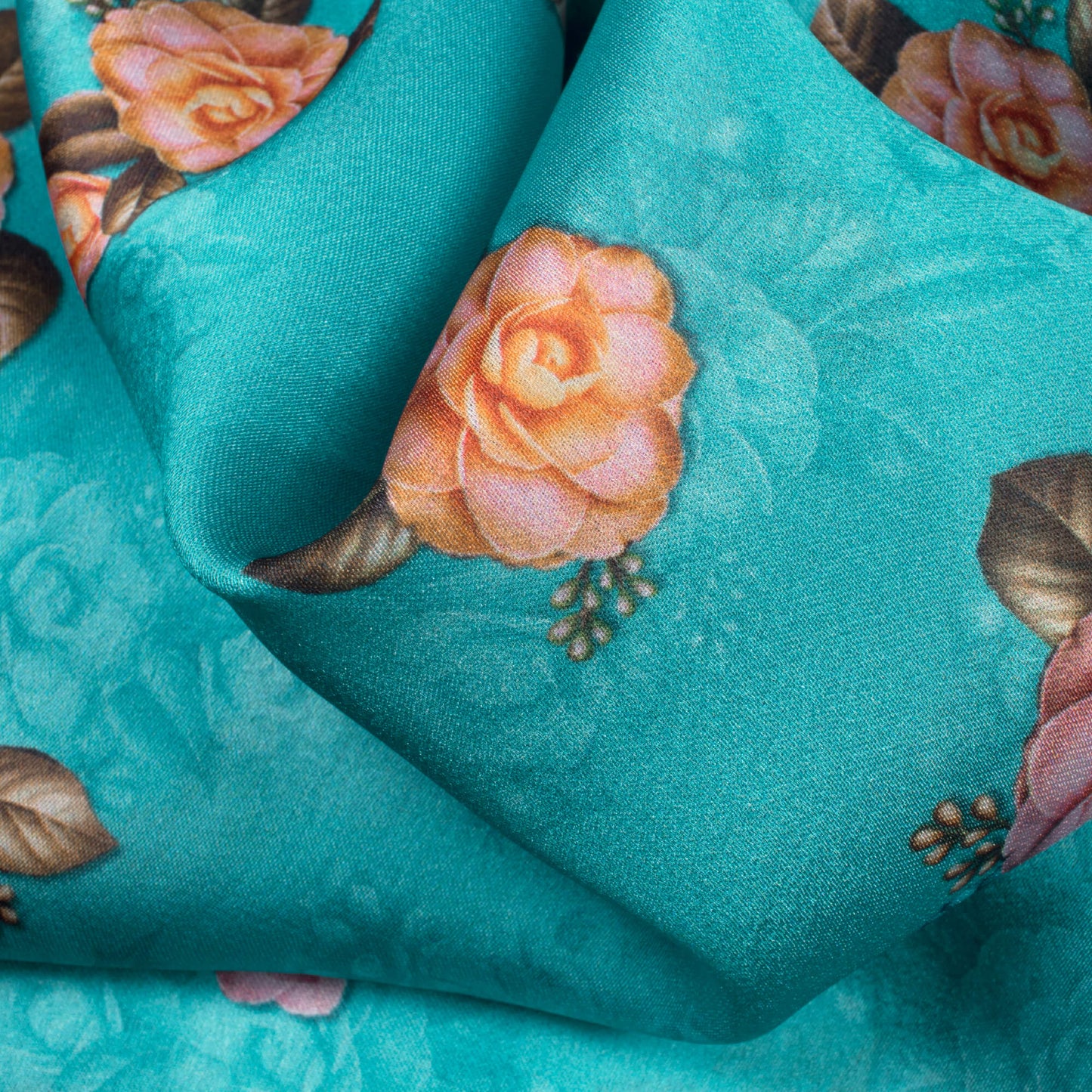 Ocean Blue And Purple Floral Pattern Digital Print Georgette Satin Fabric - Fabcurate