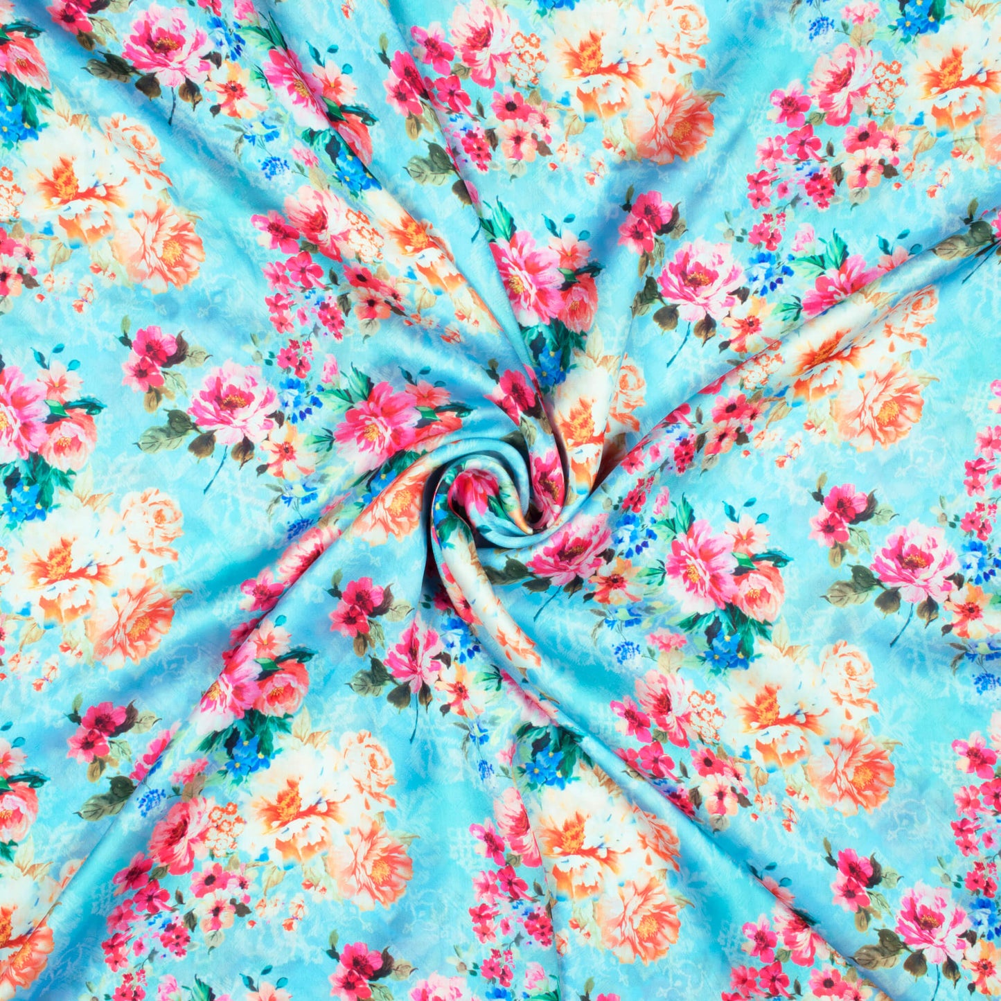 Sky Blue And Fuchsia Floral Pattern Digital Print Georgette Satin Fabric - Fabcurate