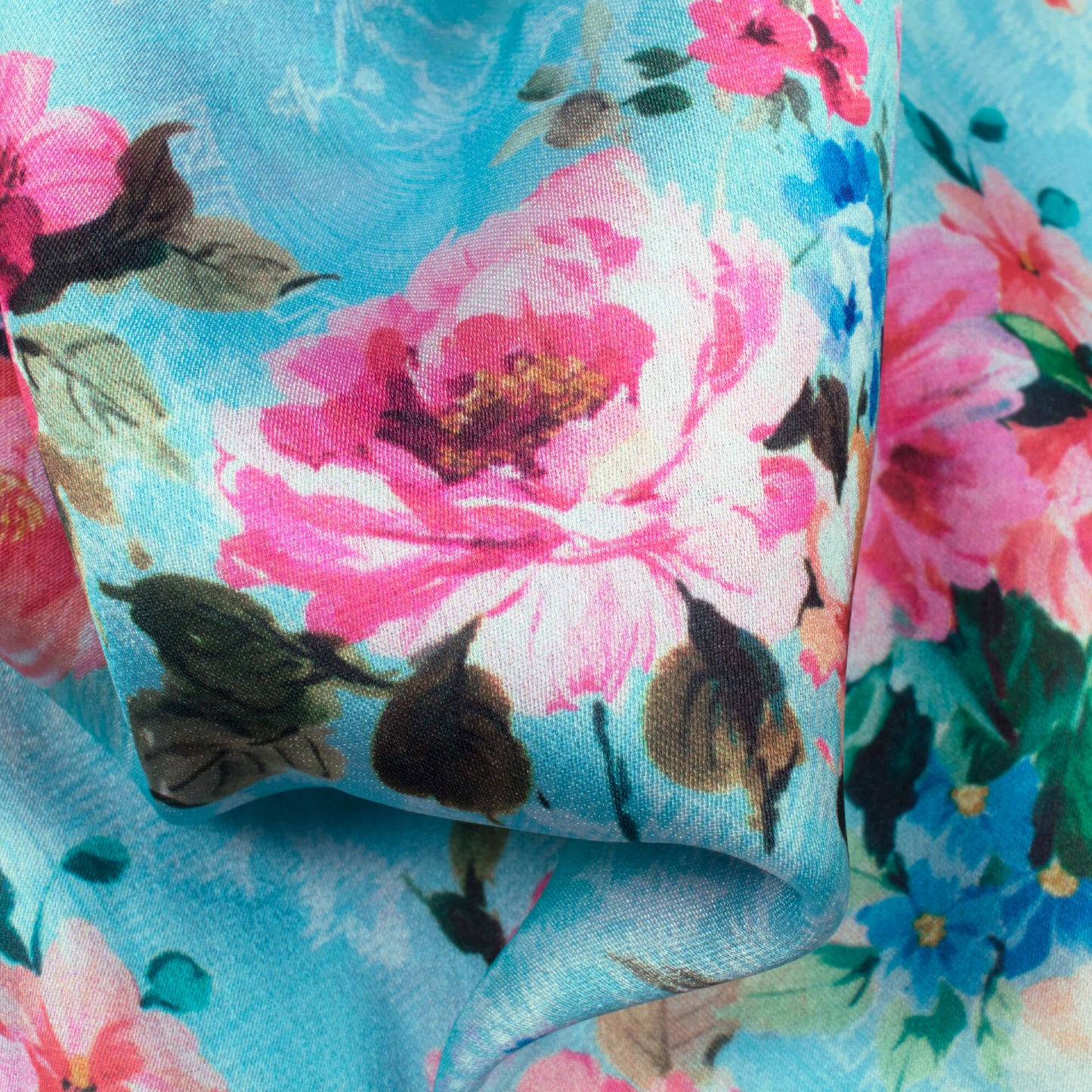 Sky Blue And Fuchsia Floral Pattern Digital Print Georgette Satin Fabric - Fabcurate