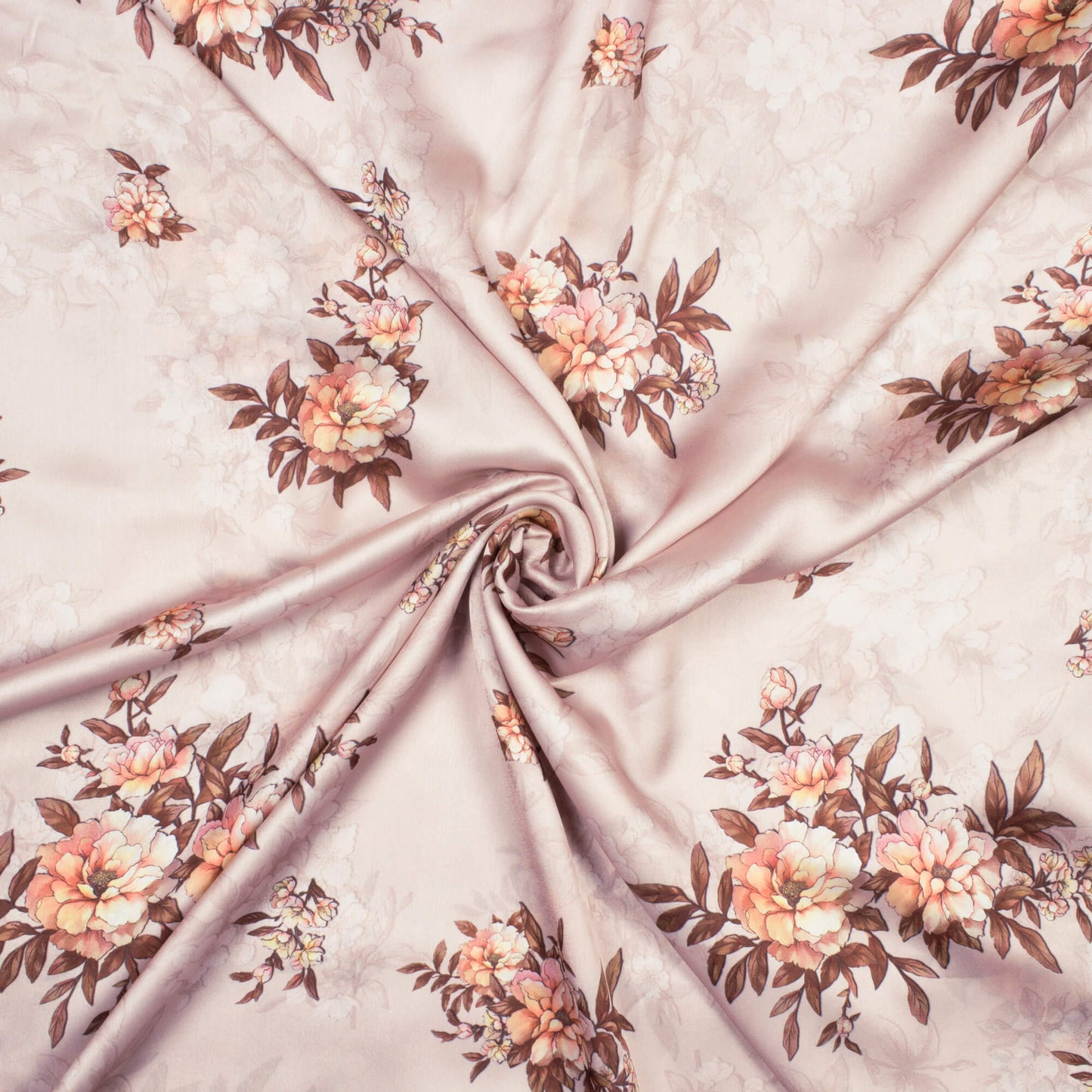 Beige And Peach Floral Pattern Digital Print Georgette Satin Fabric
