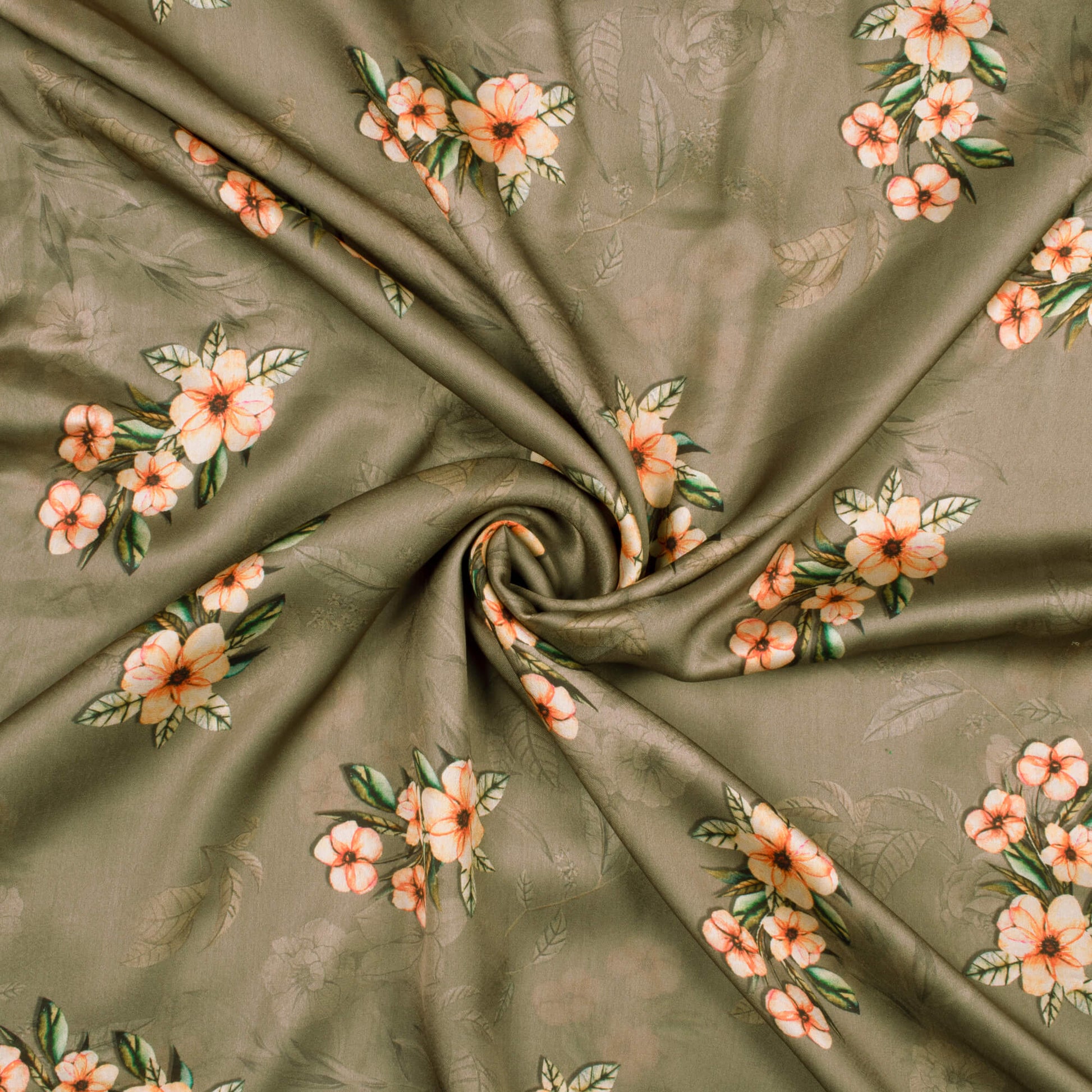 Mink Grey And Orange Floral Pattern Digital Print Georgette Satin Fabric - Fabcurate