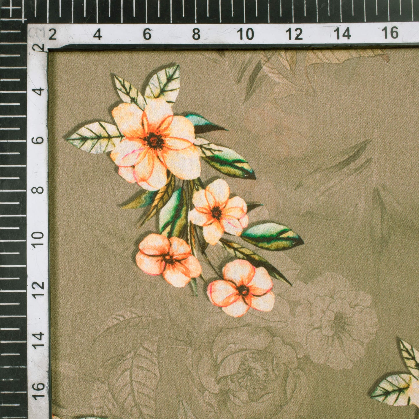 Mink Grey And Orange Floral Pattern Digital Print Georgette Satin Fabric - Fabcurate