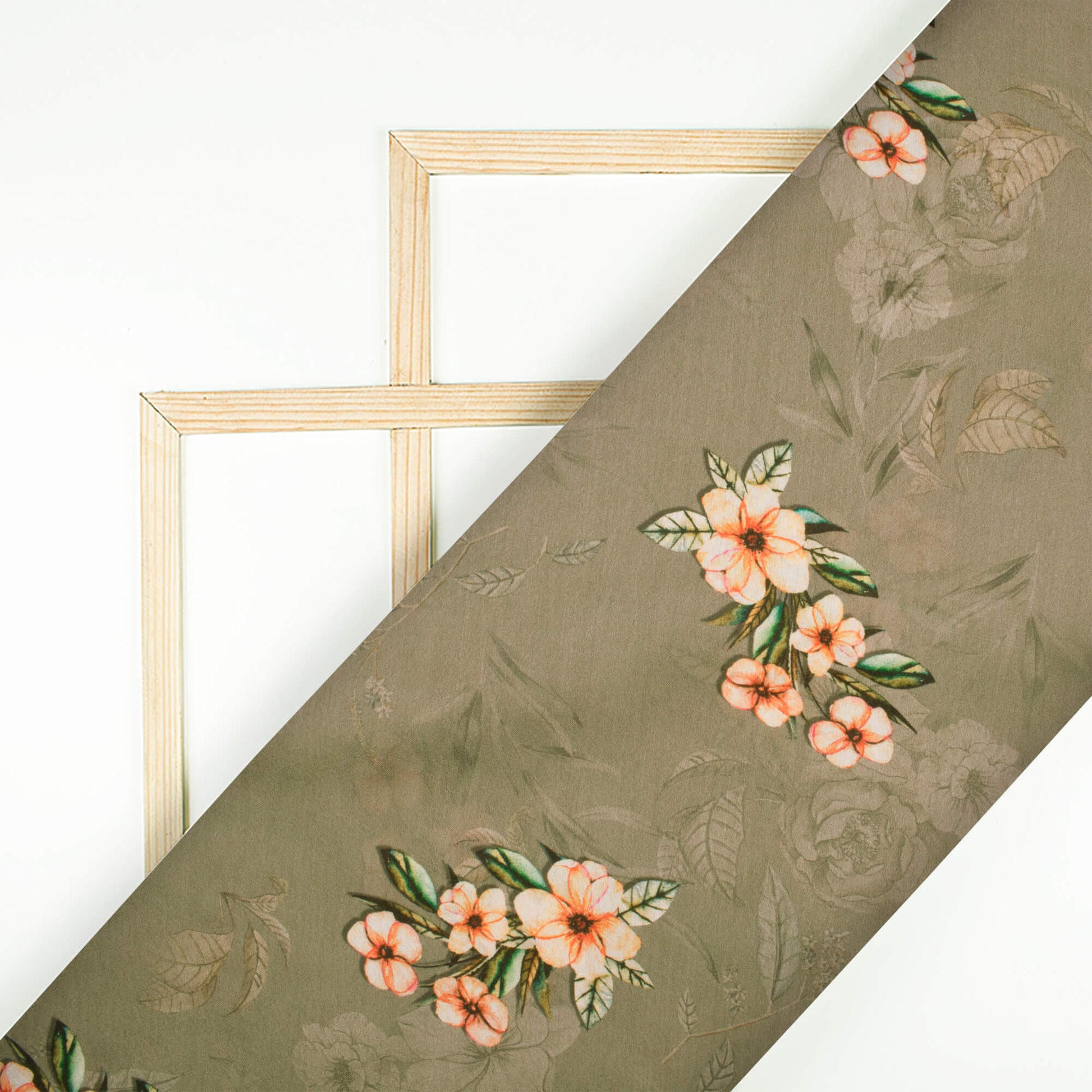 Mink Grey And Orange Floral Pattern Digital Print Georgette Satin Fabric - Fabcurate
