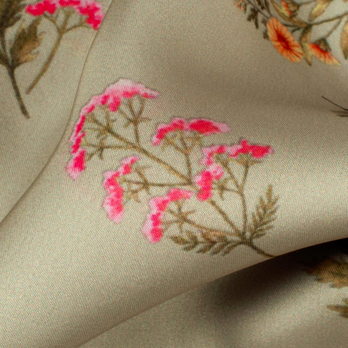 Pale Olive Green And Pink Floral Pattern Digital Print Georgette Satin Fabric