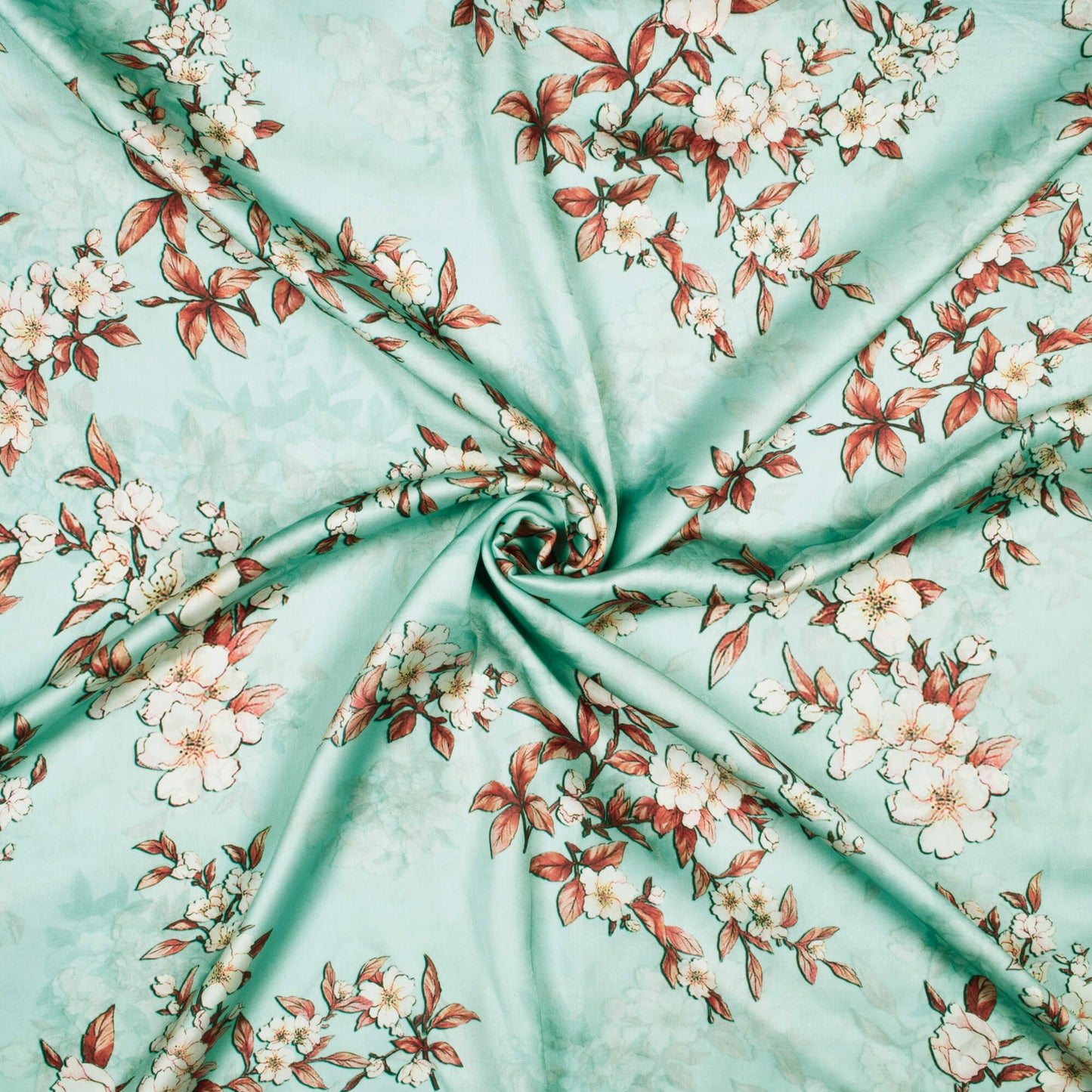 Pale Turquoise And Orange Floral Pattern Digital Print Georgette Satin Fabric - Fabcurate