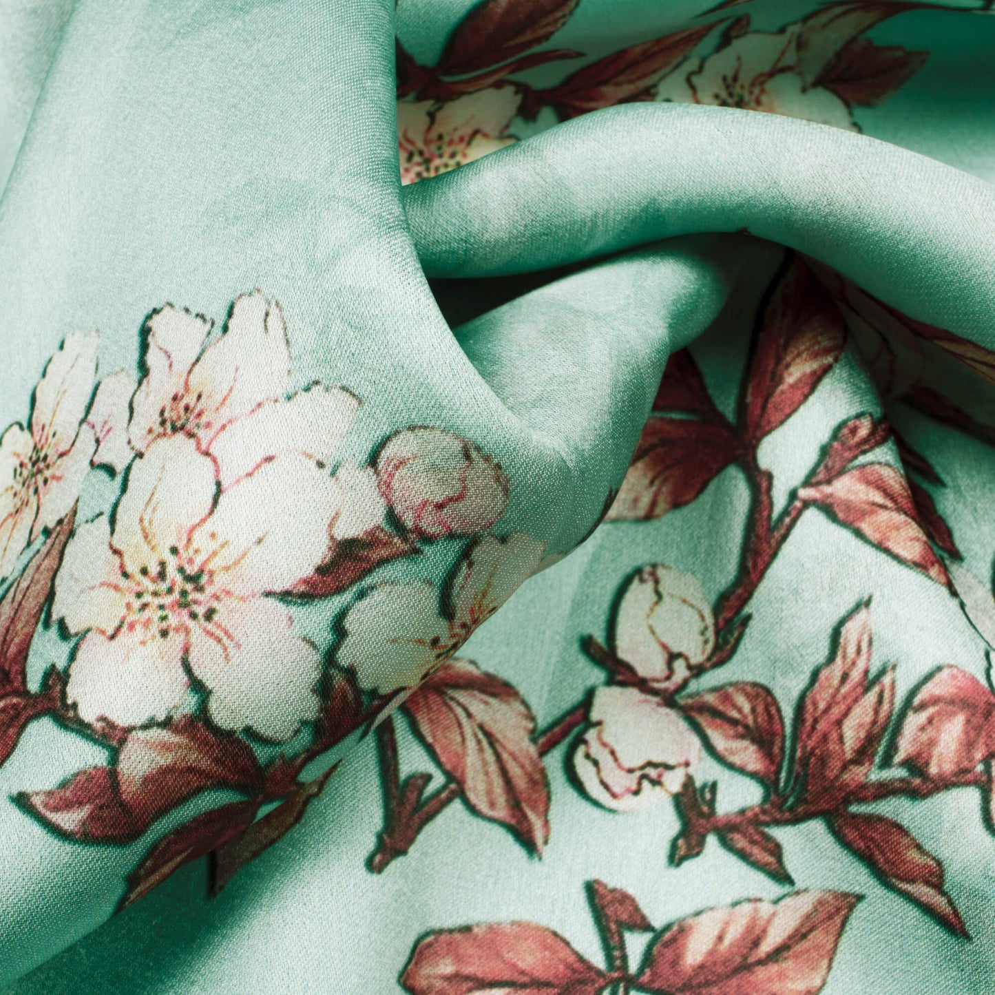 Pale Turquoise And Orange Floral Pattern Digital Print Georgette Satin Fabric - Fabcurate