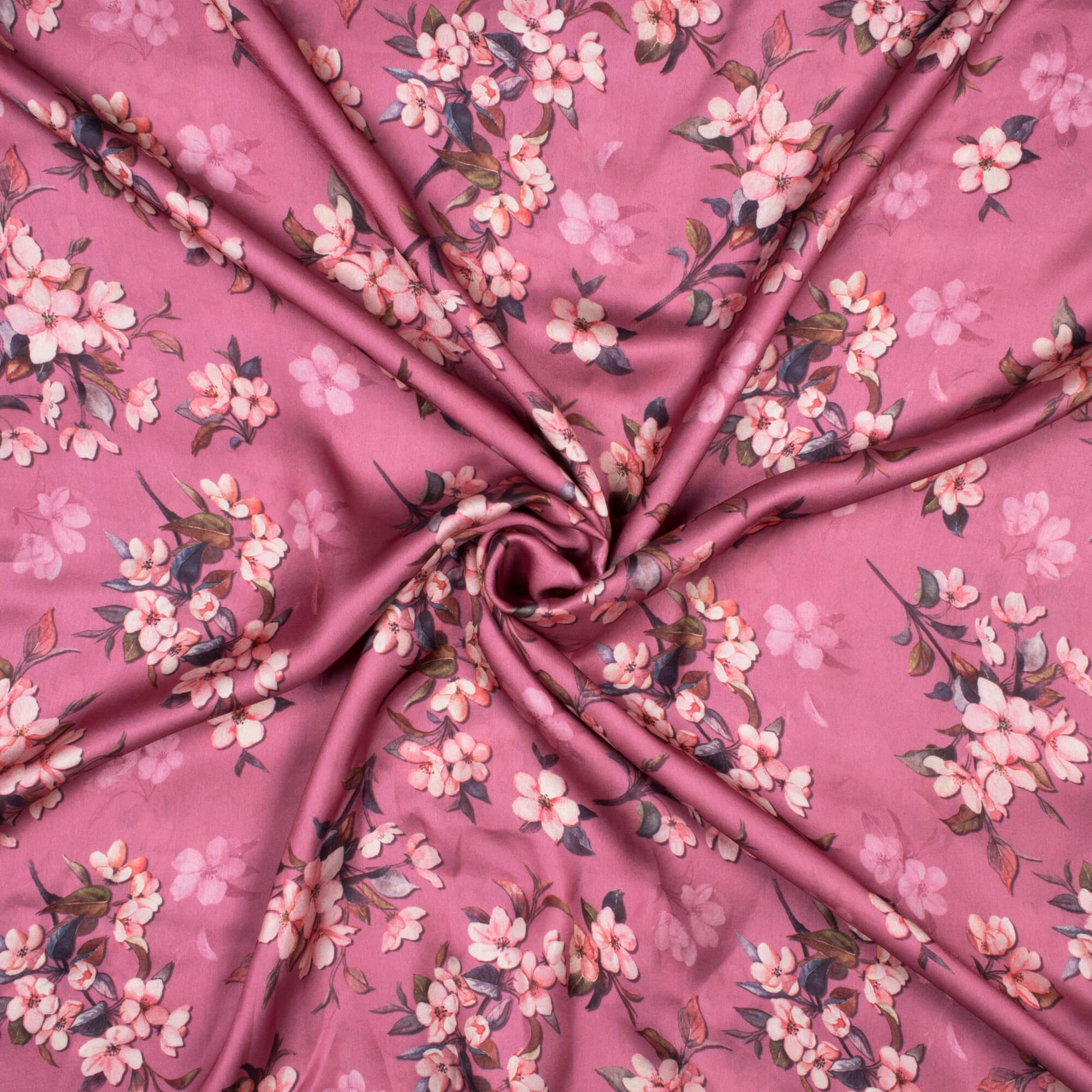 Pearly Purple And Rose Pink Floral Pattern Digital Print Georgette Satin Fabric - Fabcurate