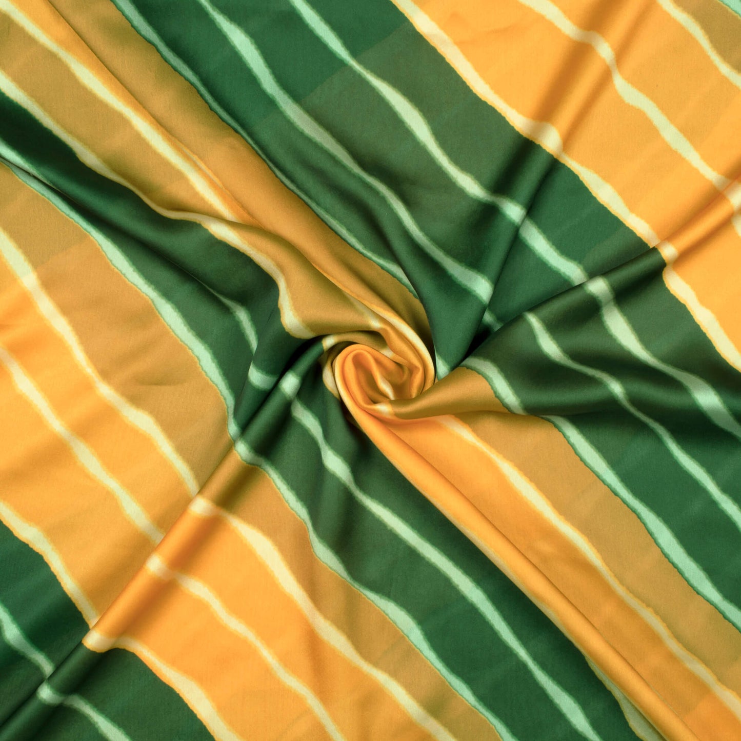 Yellow And Bottle Green Leheriya Pattern Digital Print Georgette Satin Fabric - Fabcurate