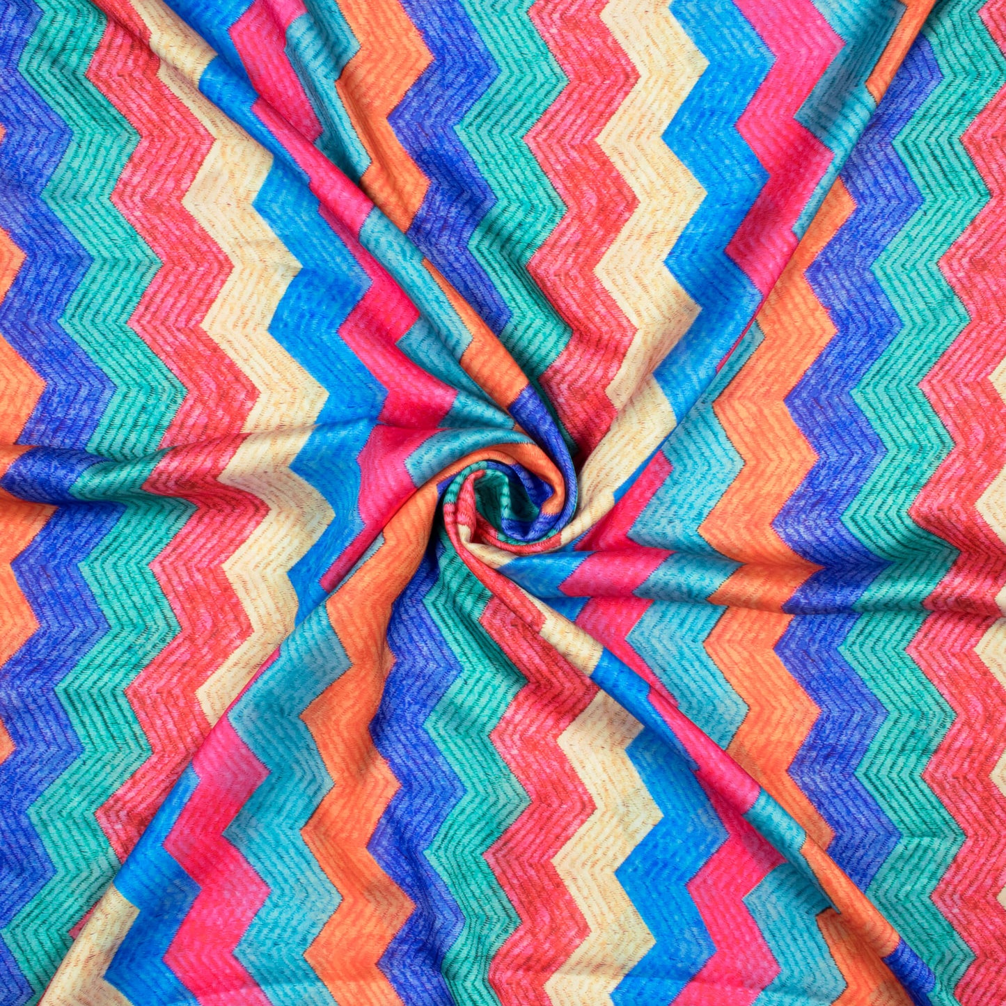 Multi-Color Chevron Pattern Digital Print Georgette Satin Fabric - Fabcurate