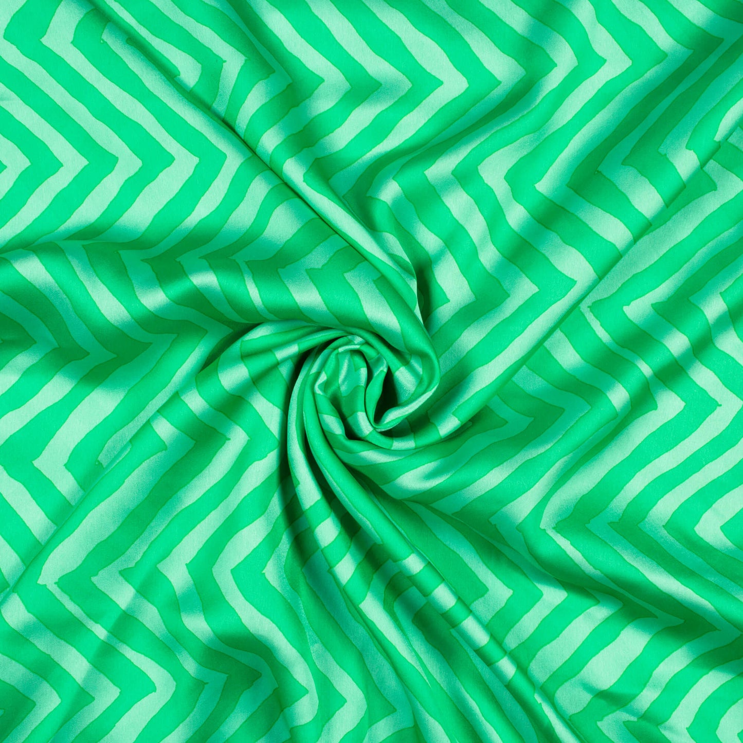 Green Chevron Pattern Digital Print Georgette Satin Fabric - Fabcurate