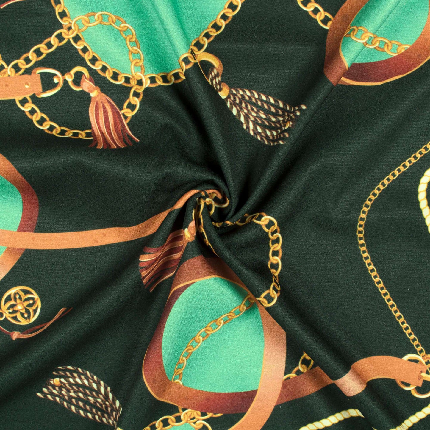 Black And Sea Green Chain Pattern Digital Print American Crepe Fabric - Fabcurate