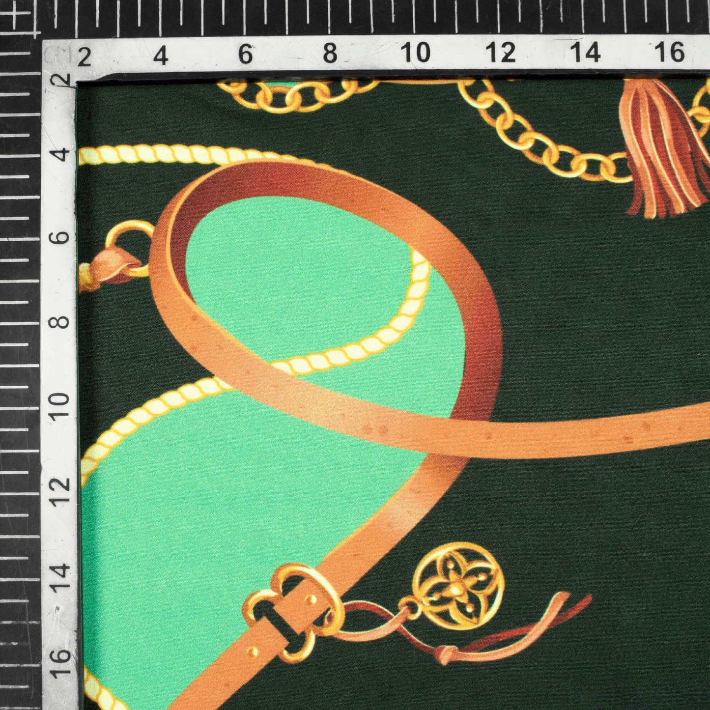 Black And Sea Green Chain Pattern Digital Print American Crepe Fabric - Fabcurate