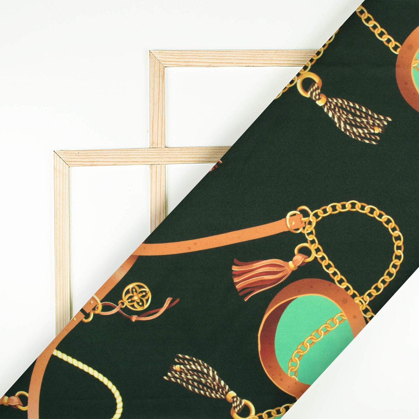 Black And Sea Green Chain Pattern Digital Print American Crepe Fabric - Fabcurate