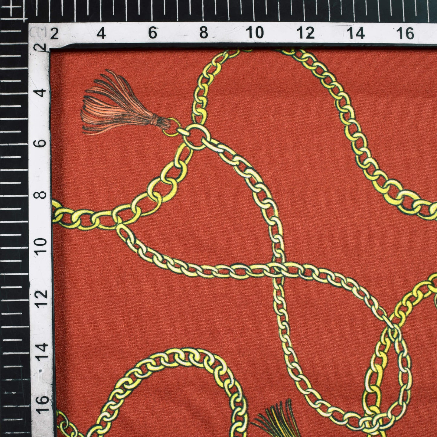 Cinnamon Brown And Yellow Chain Pattern Digital Print American Crepe Fabric - Fabcurate