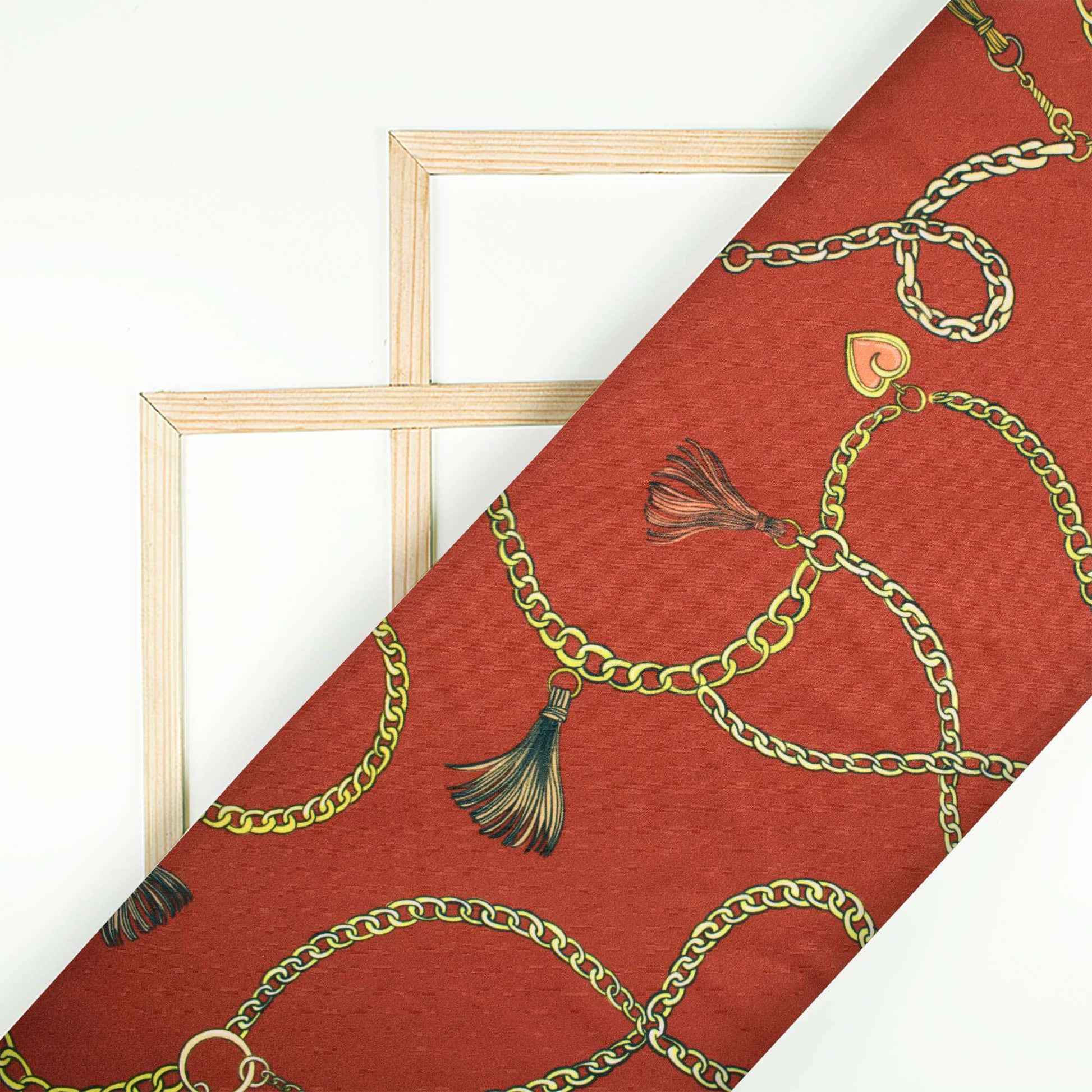 Cinnamon Brown And Yellow Chain Pattern Digital Print American Crepe Fabric - Fabcurate