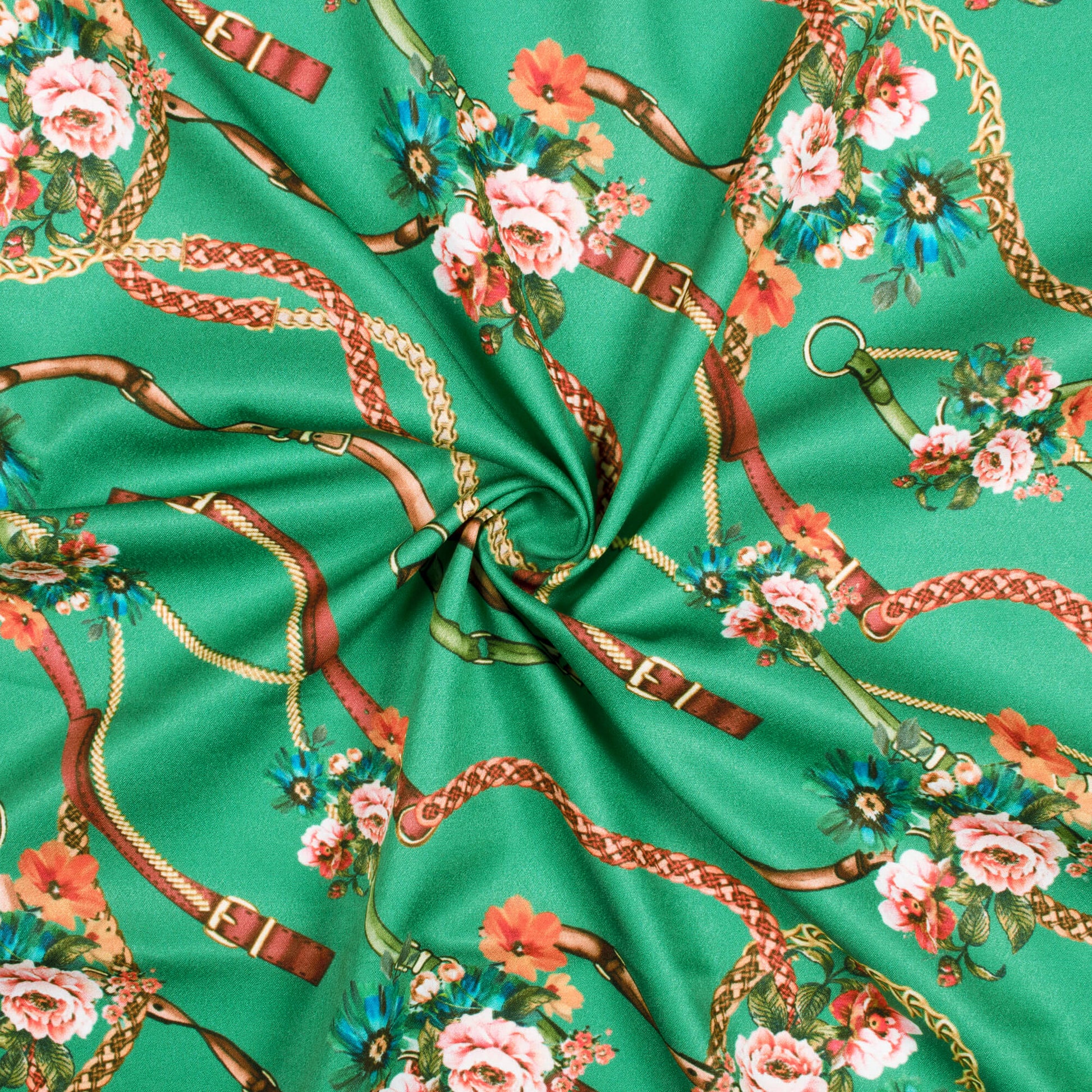 Green And Maroon Chain Pattern Digital Print American Crepe Fabric - Fabcurate