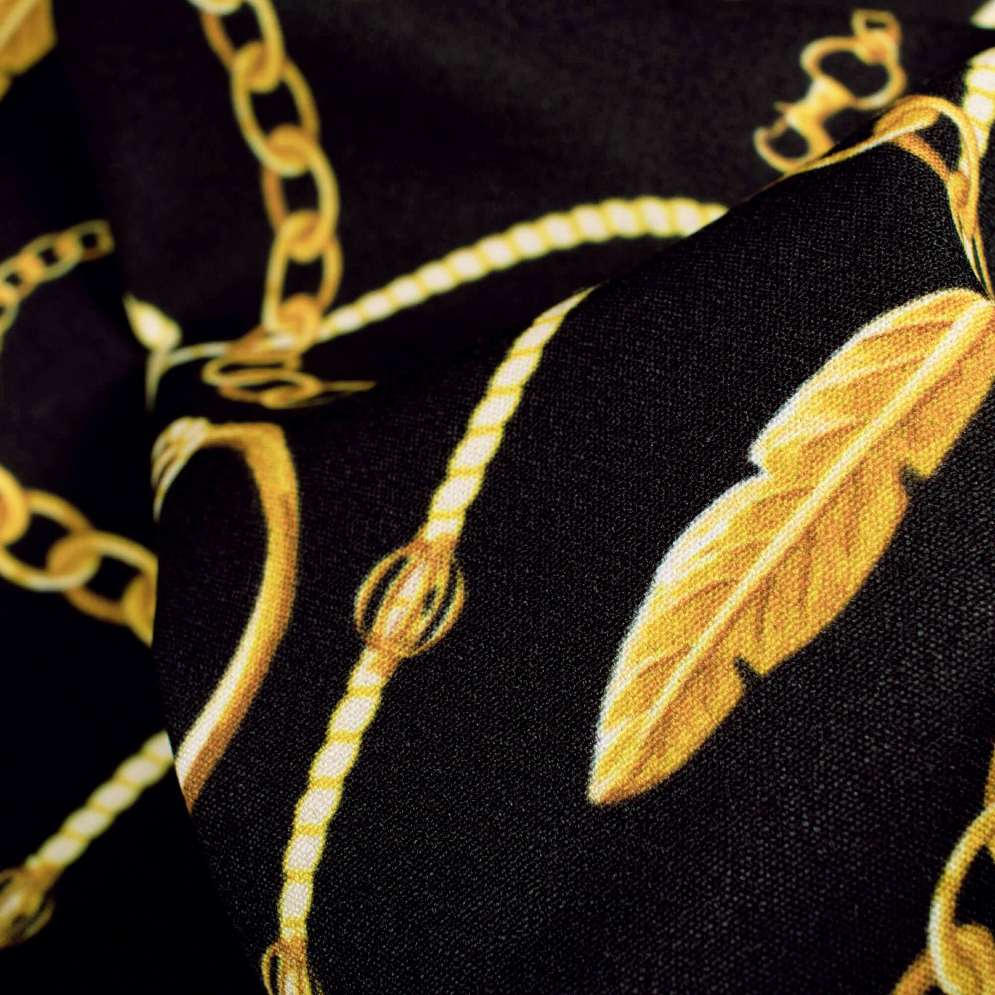 Black And Mustard Yellow Chain Pattern Digital Print American Crepe Fabric - Fabcurate