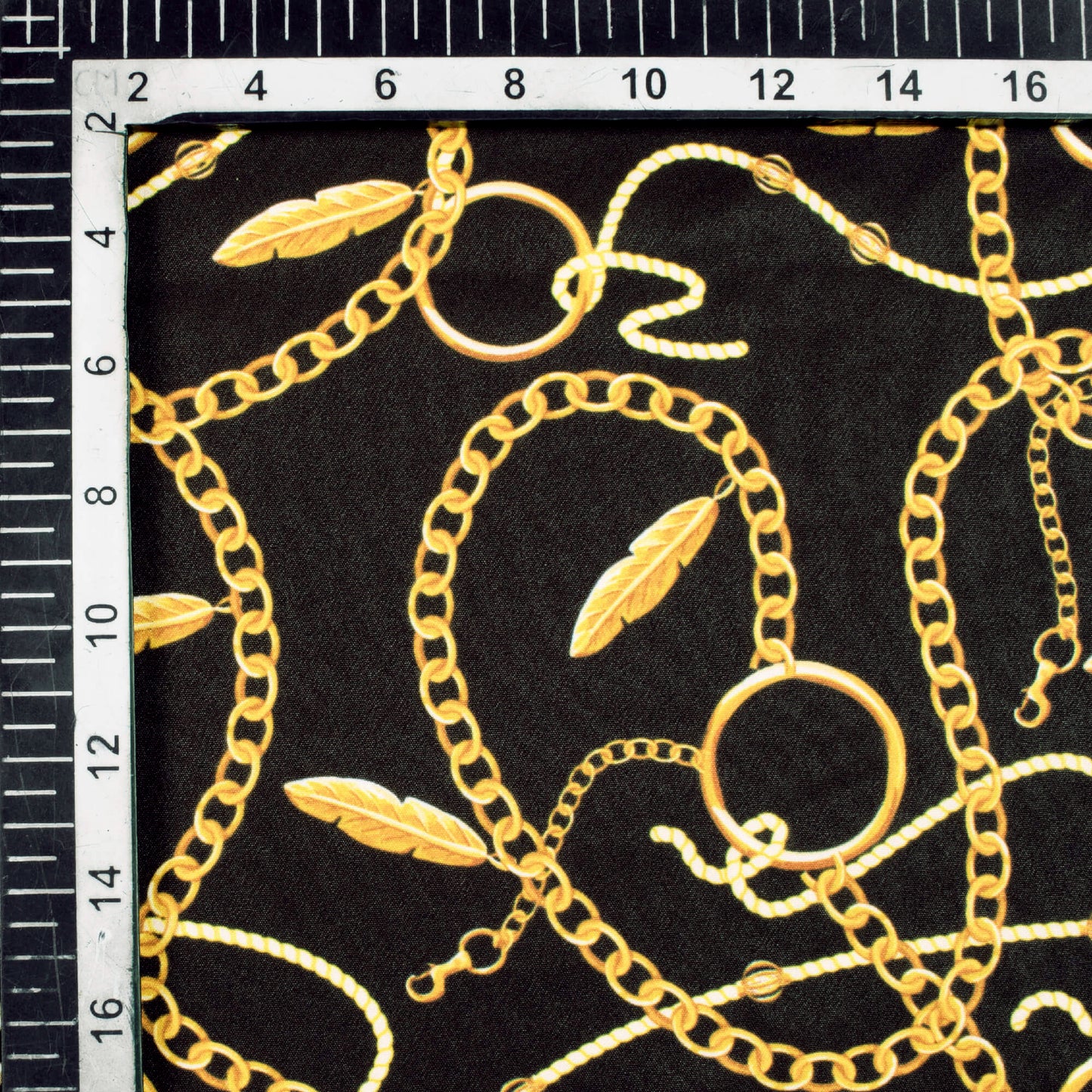 Black And Mustard Yellow Chain Pattern Digital Print American Crepe Fabric - Fabcurate