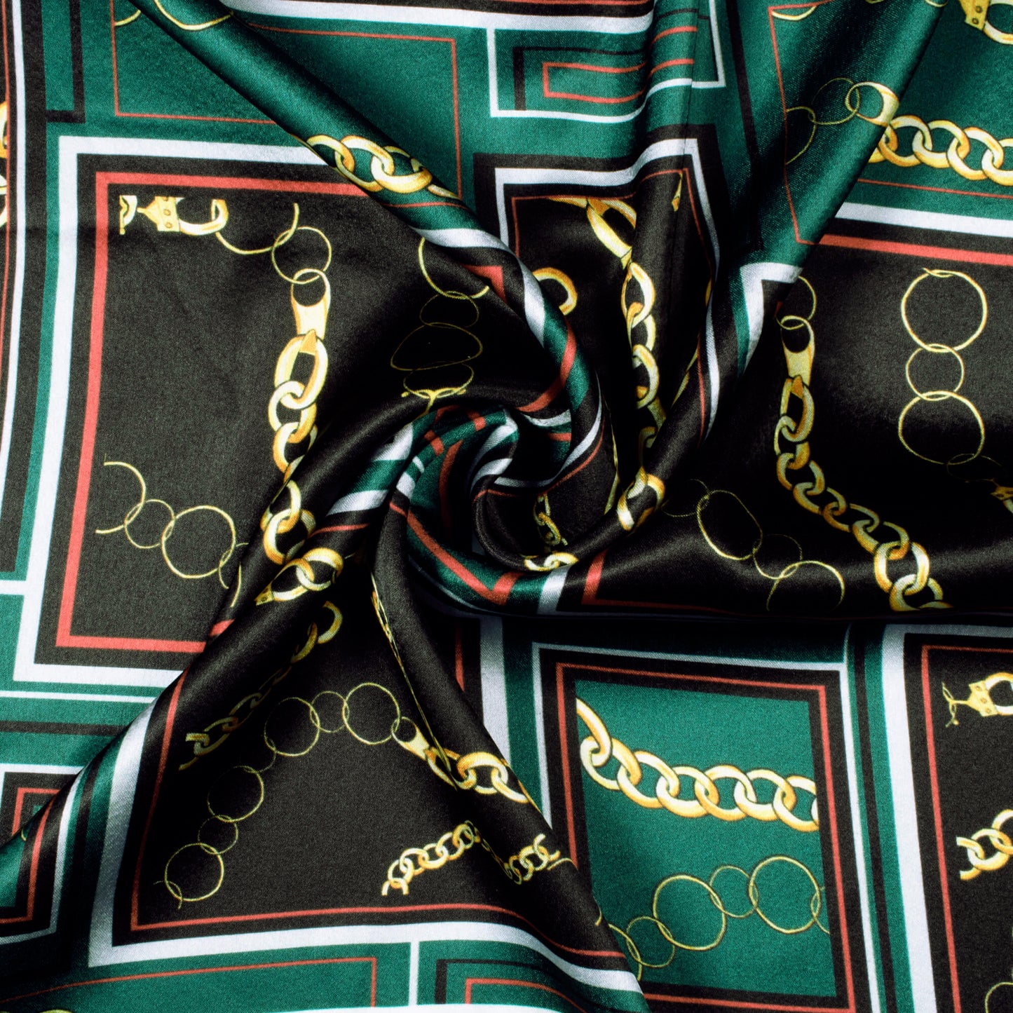 Black And Green Chain Pattern Digital Print Japan Satin Fabric - Fabcurate