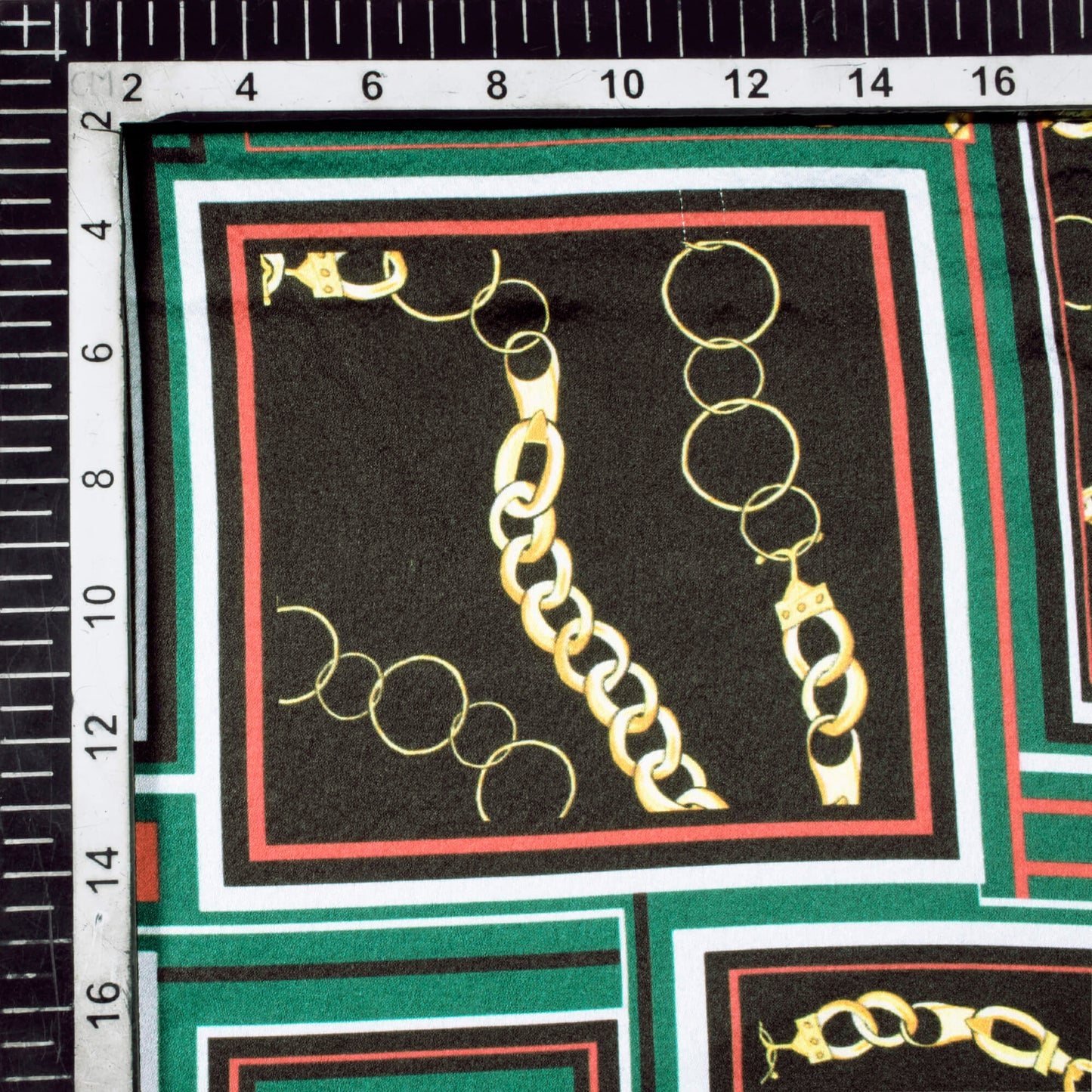 Black And Green Chain Pattern Digital Print Japan Satin Fabric - Fabcurate
