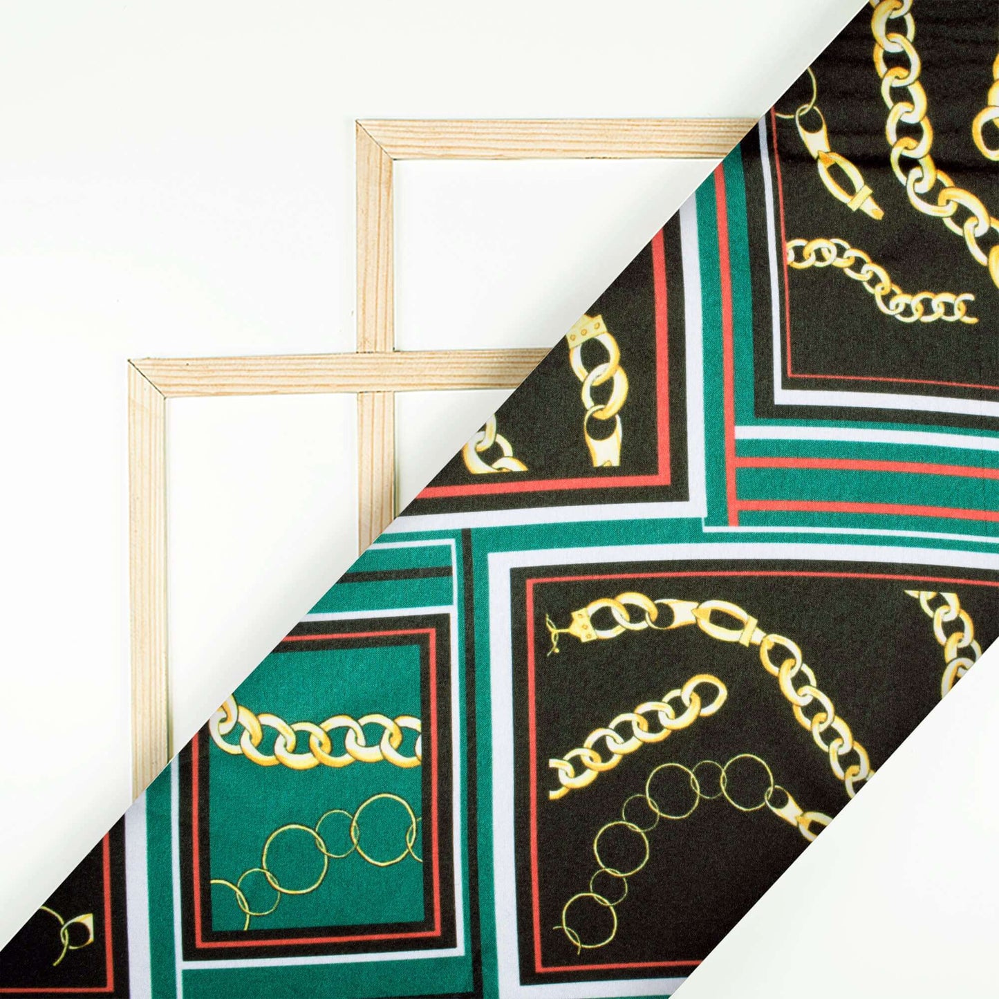 Black And Green Chain Pattern Digital Print Japan Satin Fabric - Fabcurate