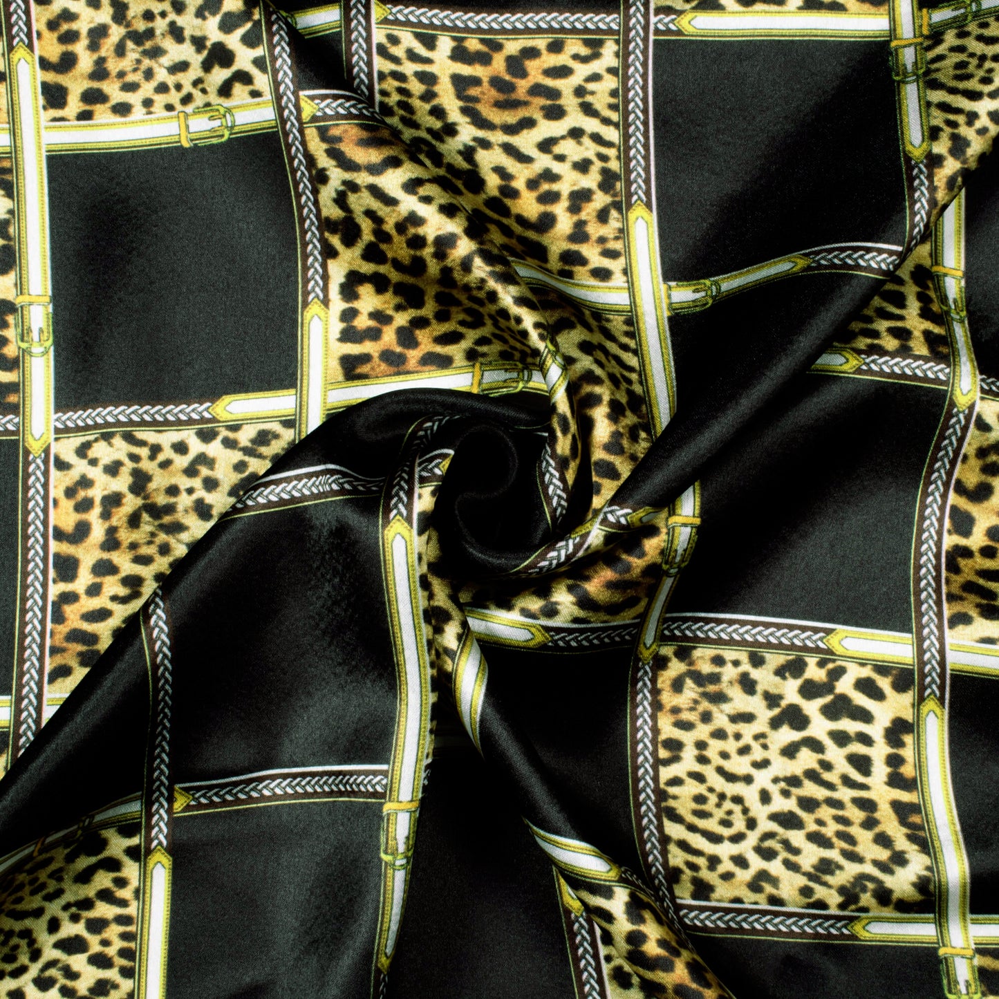 Black And Brown Chain Pattern Digital Print Japan Satin Fabric - Fabcurate