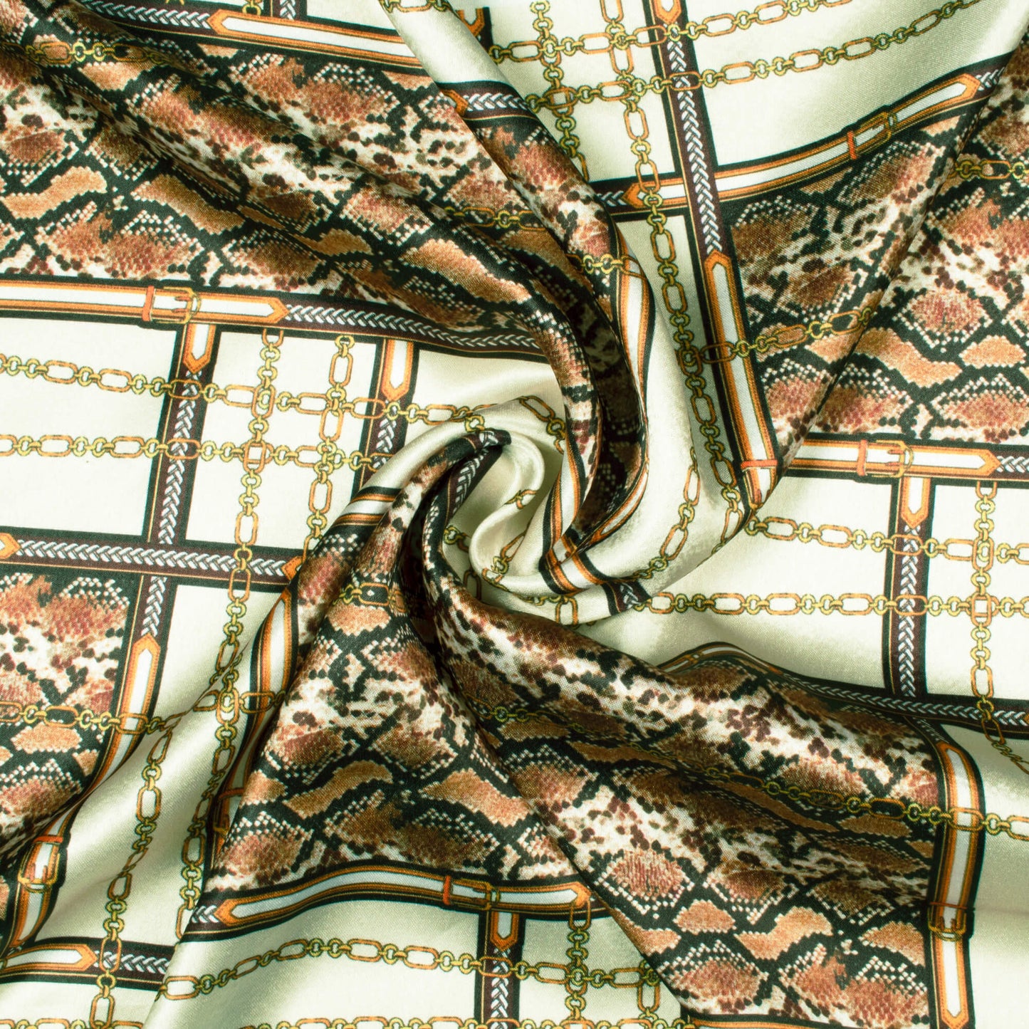 Brown And Cream Chain Pattern Digital Print Japan Satin Fabric - Fabcurate