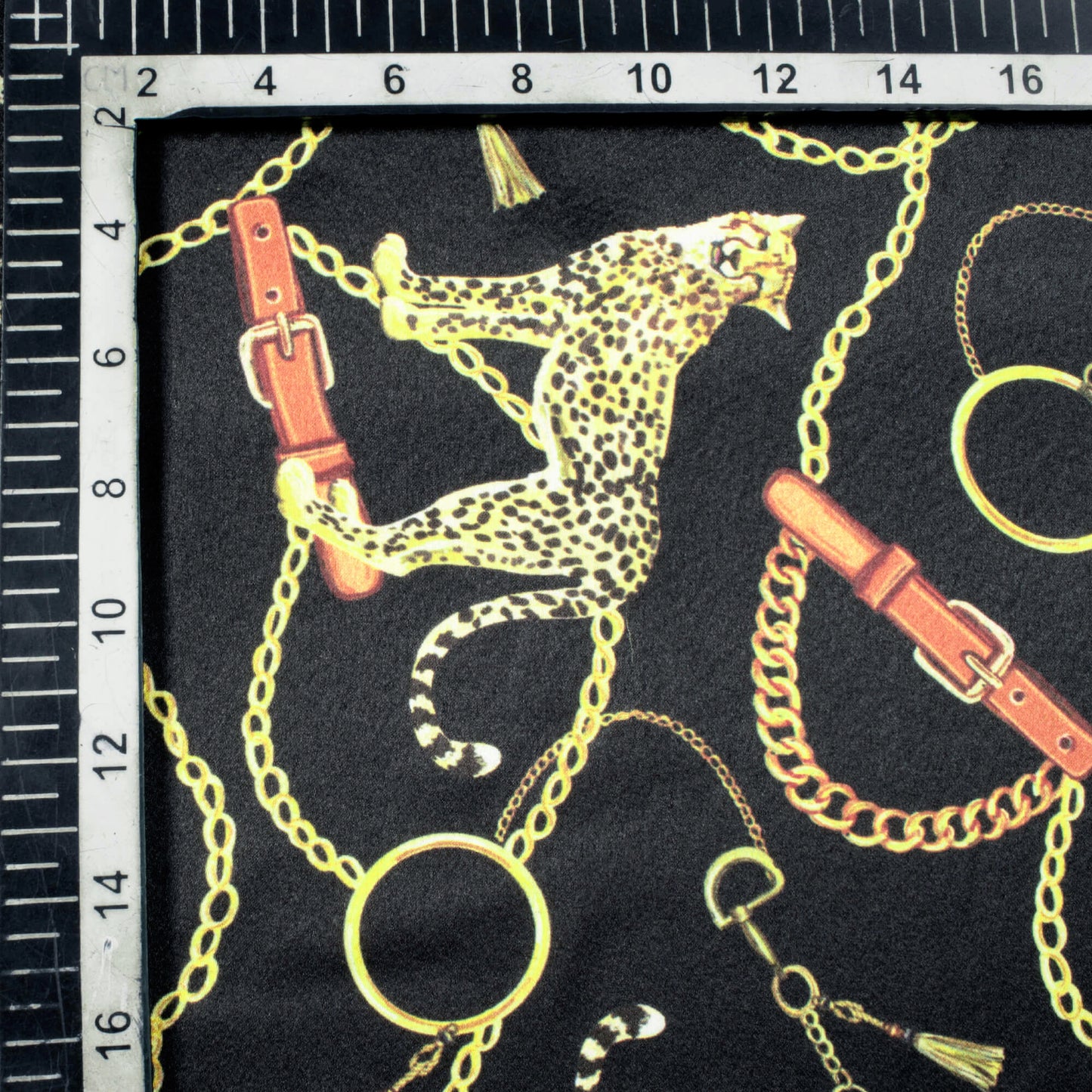 Black And Tiger Yellow Chain Pattern Digital Print Japan Satin Fabric - Fabcurate