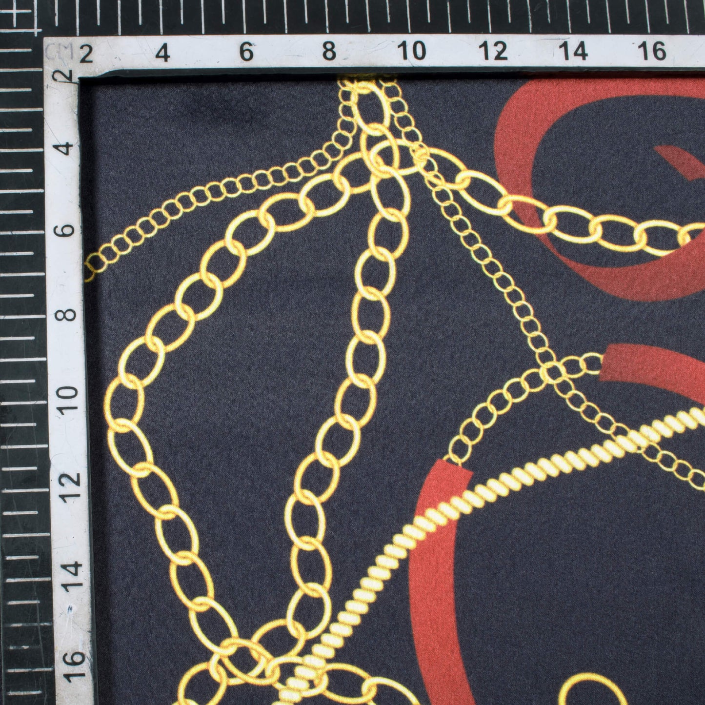 Navy Blue And Yellow Chain Pattern Digital Print Japan Satin Fabric - Fabcurate