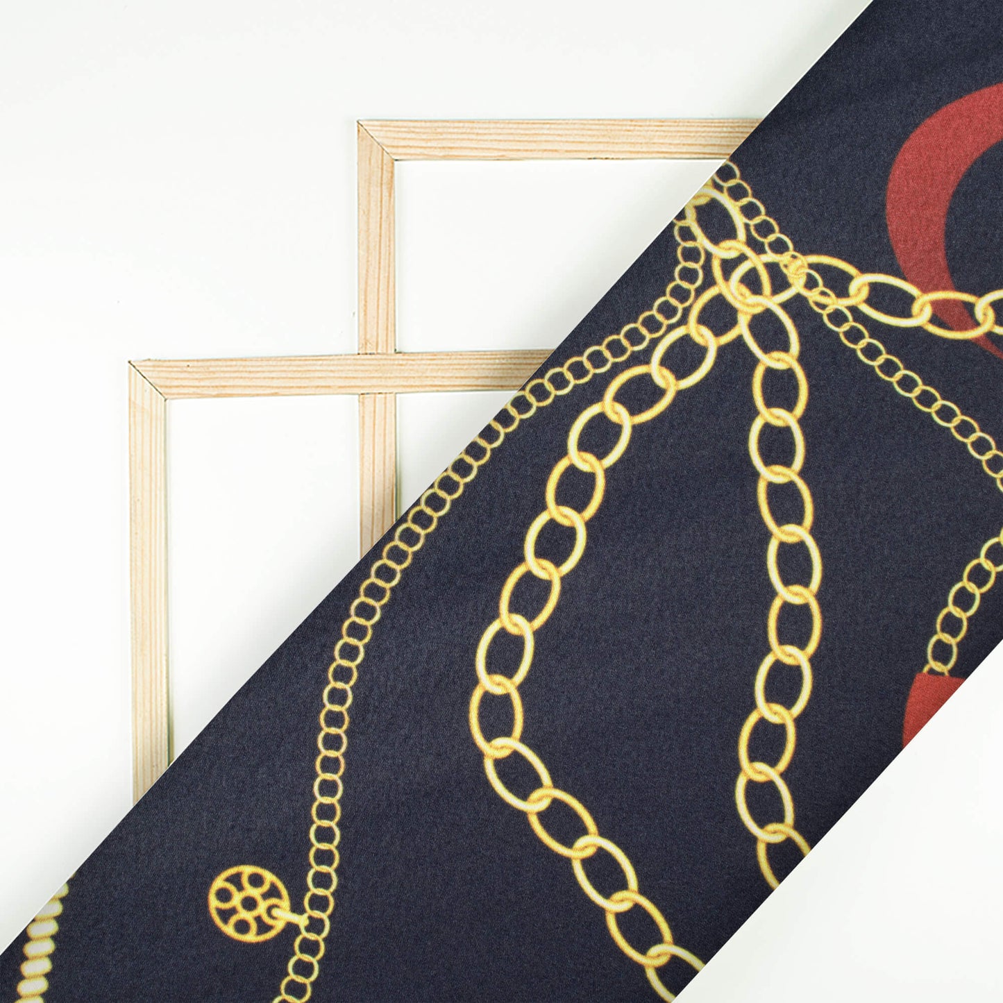 Navy Blue And Yellow Chain Pattern Digital Print Japan Satin Fabric - Fabcurate