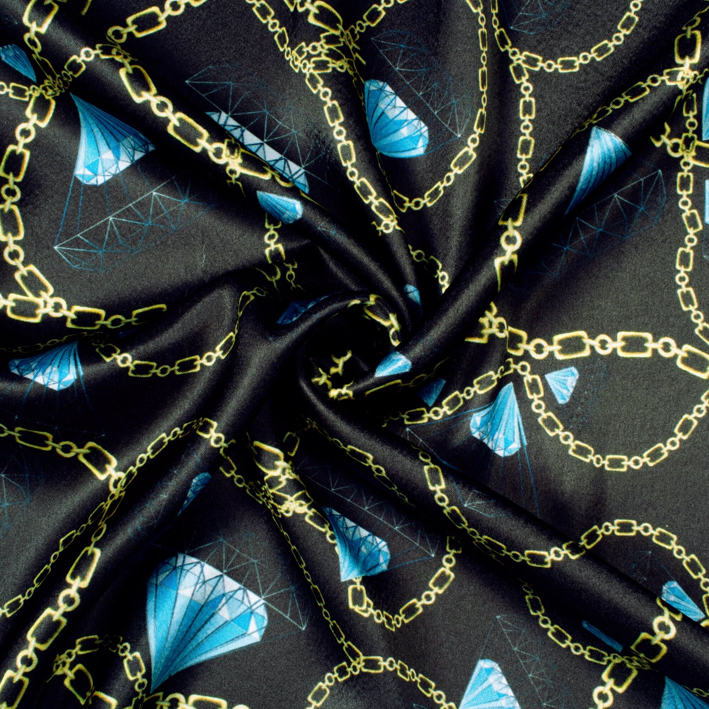 Black And Sky Blue Chain Pattern Digital Print Japan Satin Fabric - Fabcurate