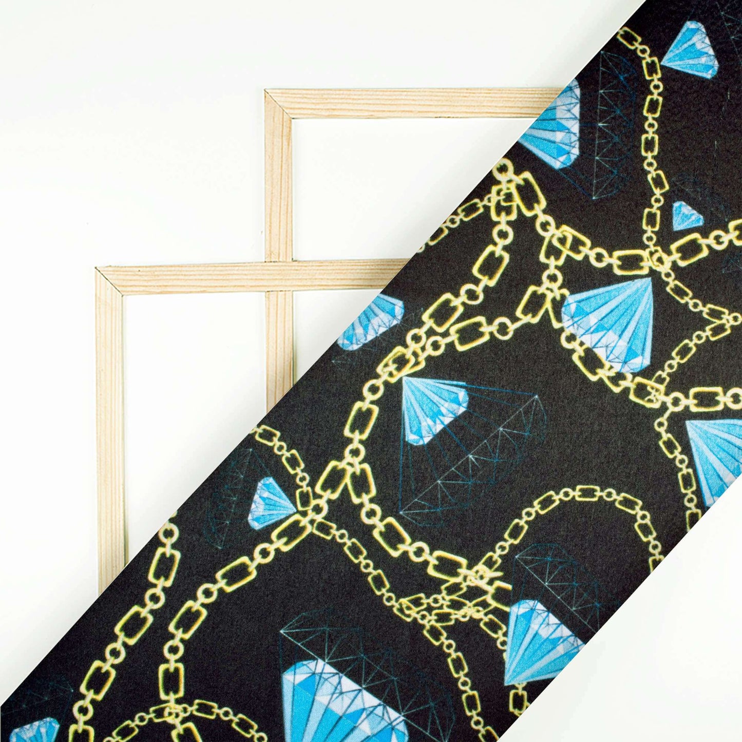 Black And Sky Blue Chain Pattern Digital Print Japan Satin Fabric - Fabcurate