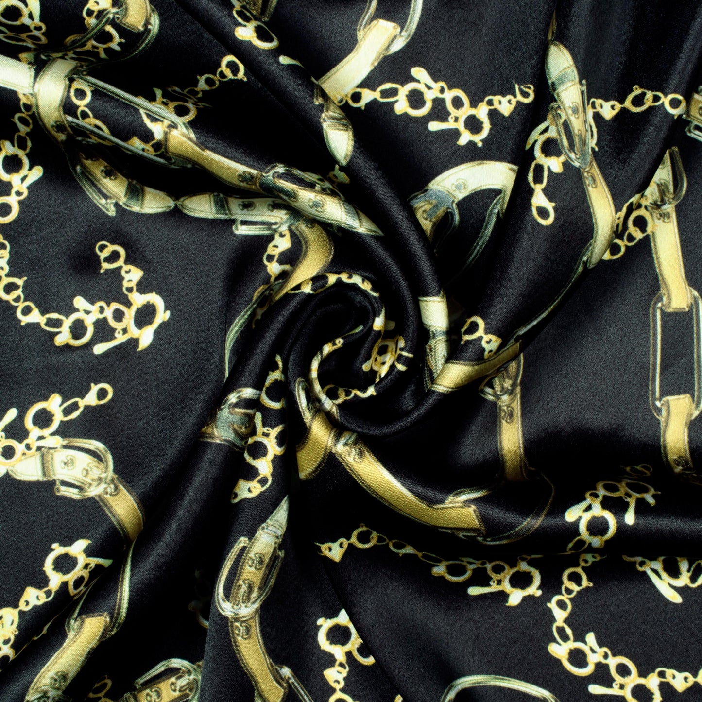 Black And Mellow Yellow Chain Pattern Digital Print Japan Satin Fabric - Fabcurate